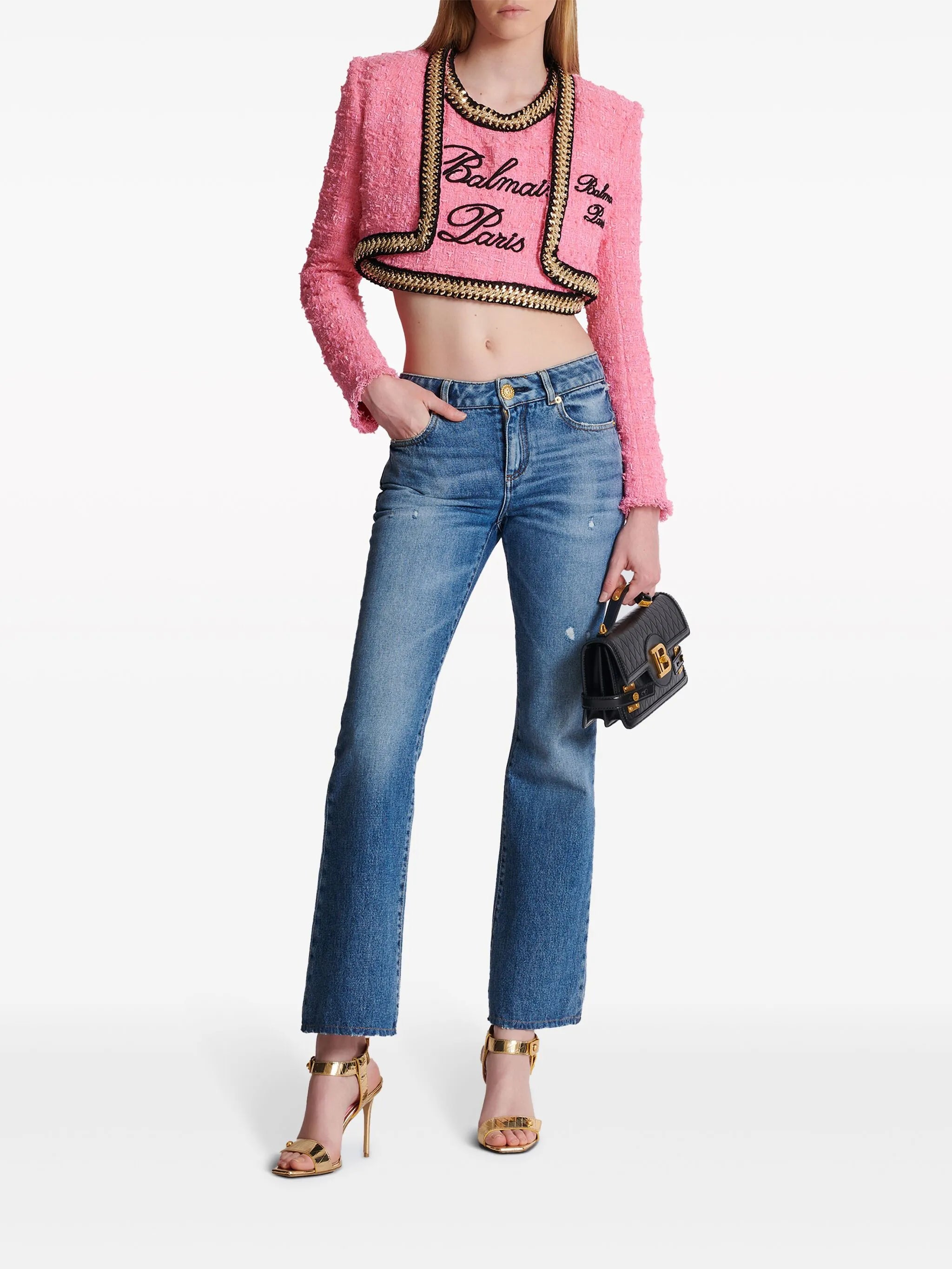 logo-embroidered tweed crop top