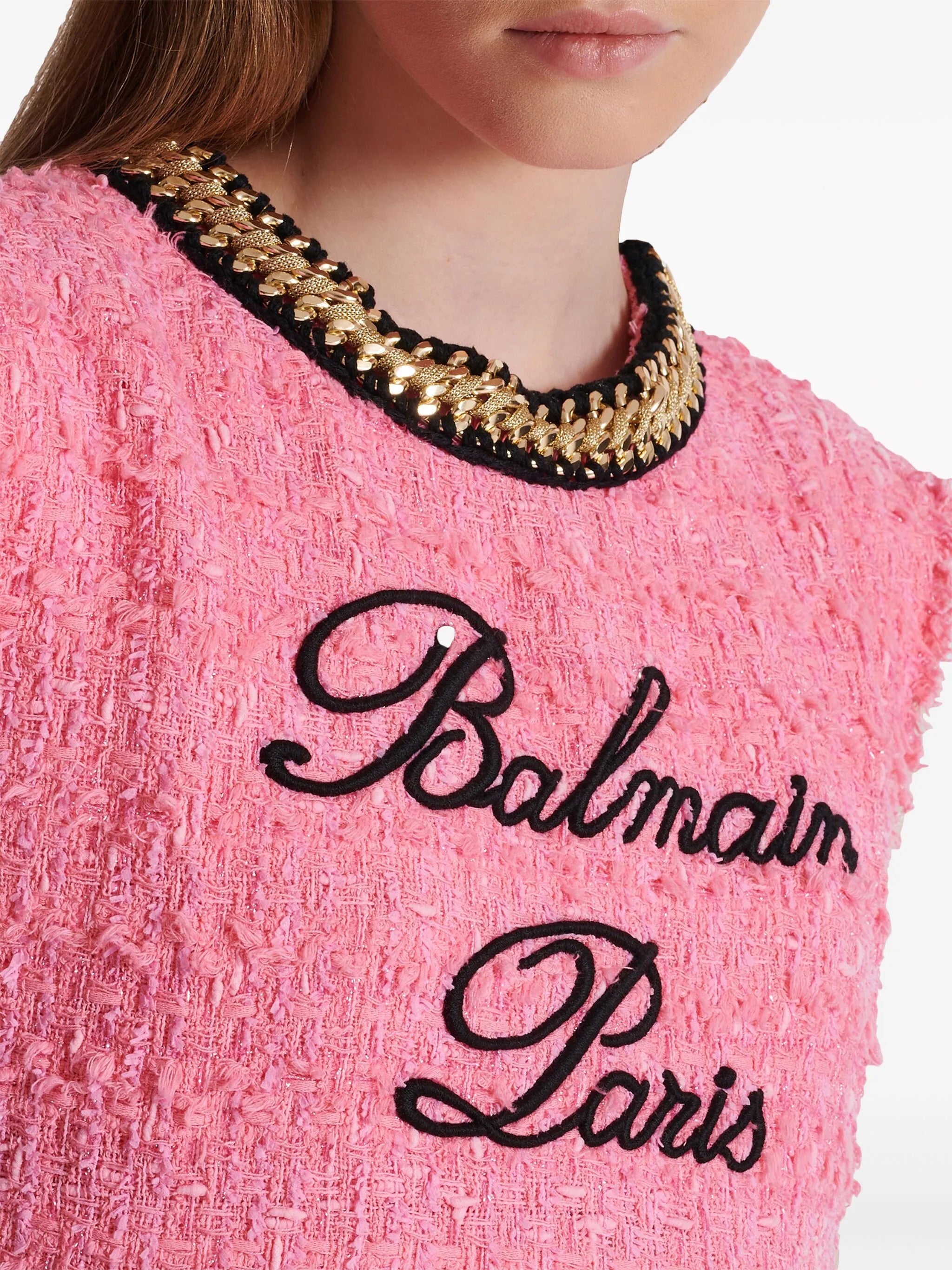 logo-embroidered tweed crop top