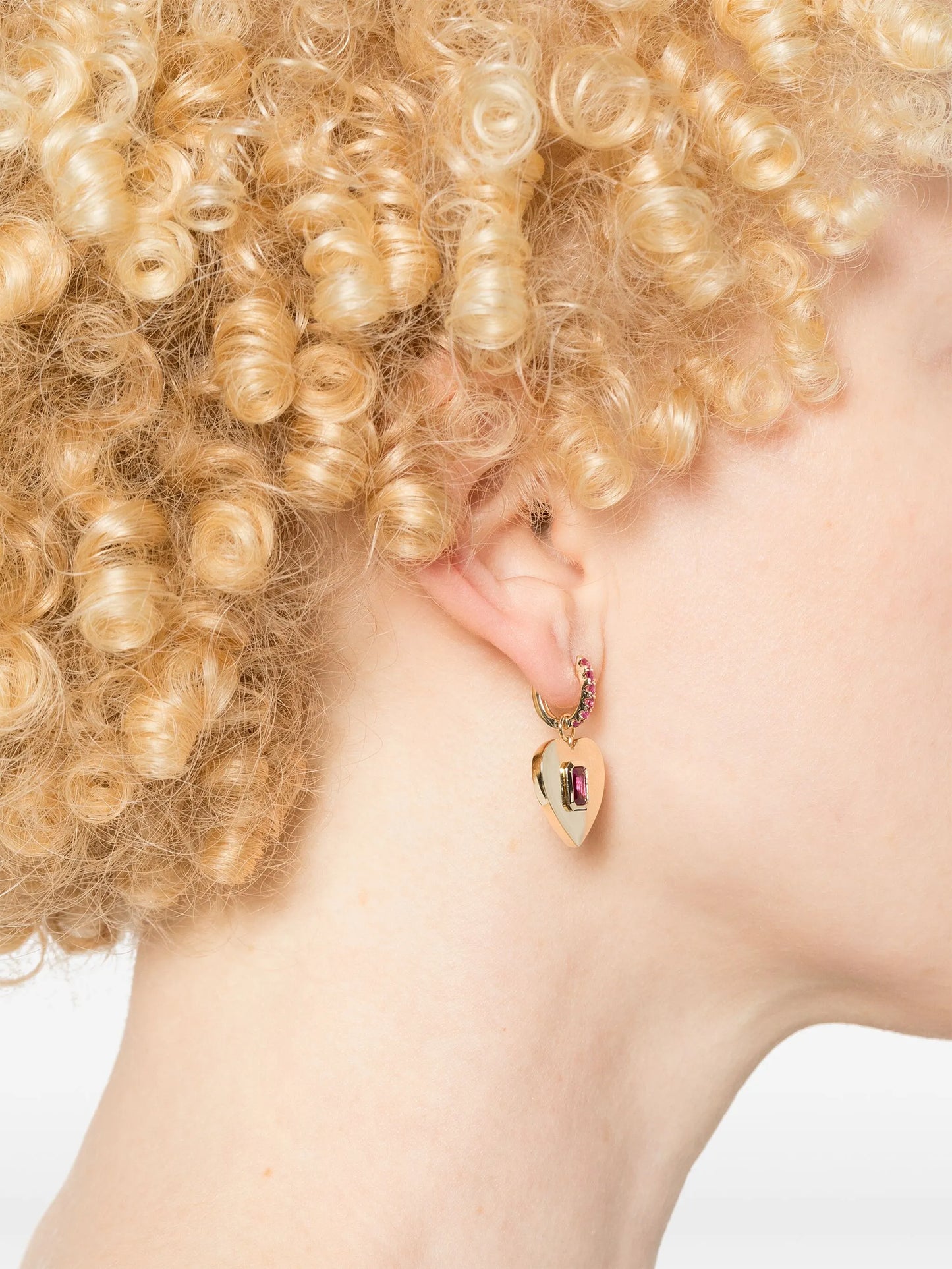 14kt yellow gold Heart ruby huggie earring