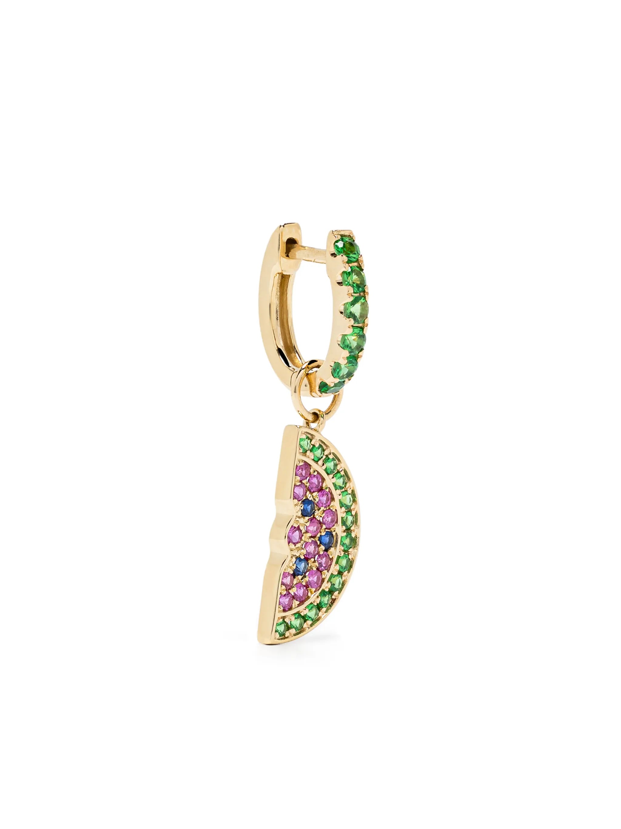 14kt yellow gold ruby and emerald huggie earring