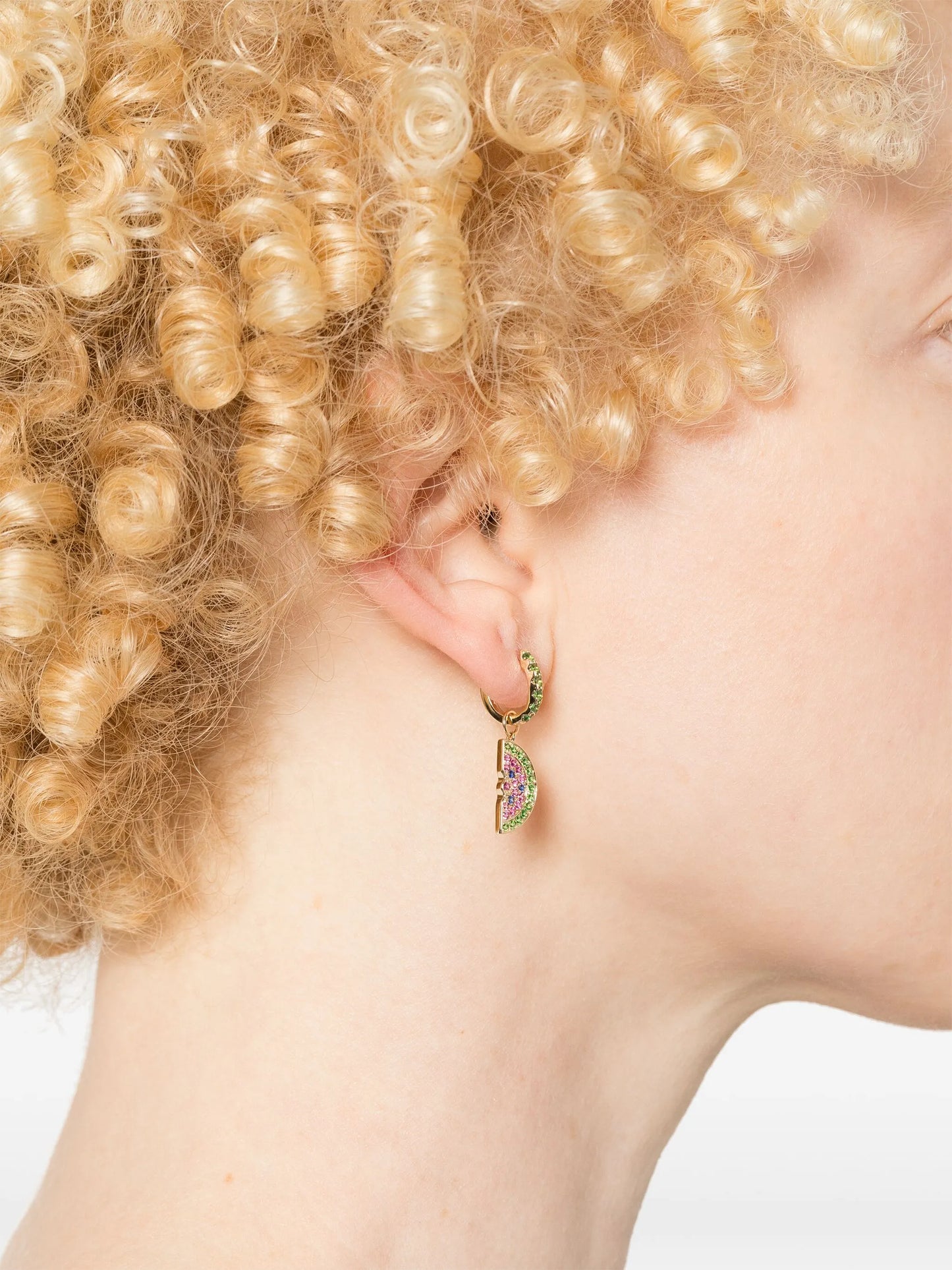 14kt yellow gold ruby and emerald huggie earring