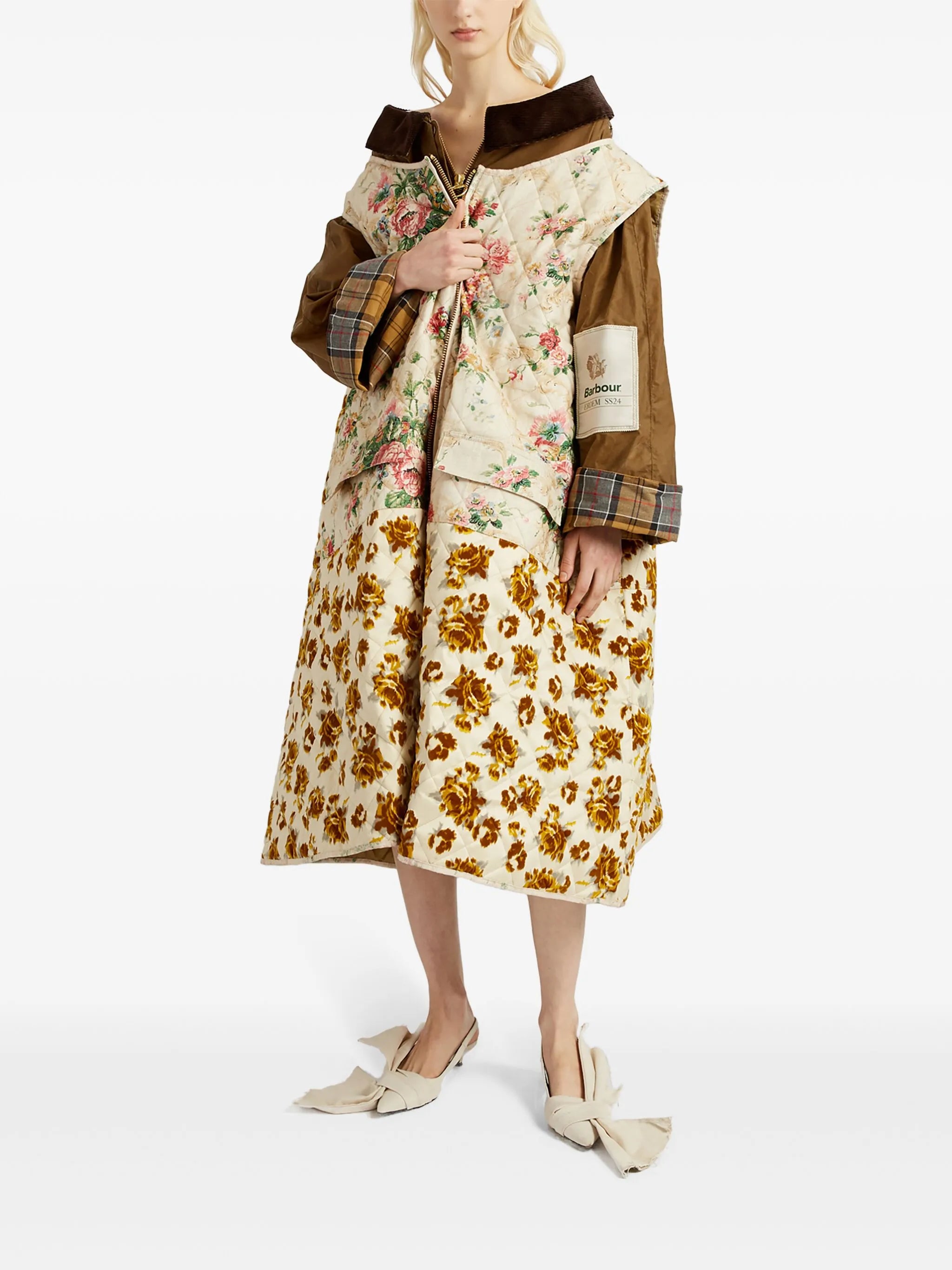 floral-gilet waxed cotton coat (two piece)