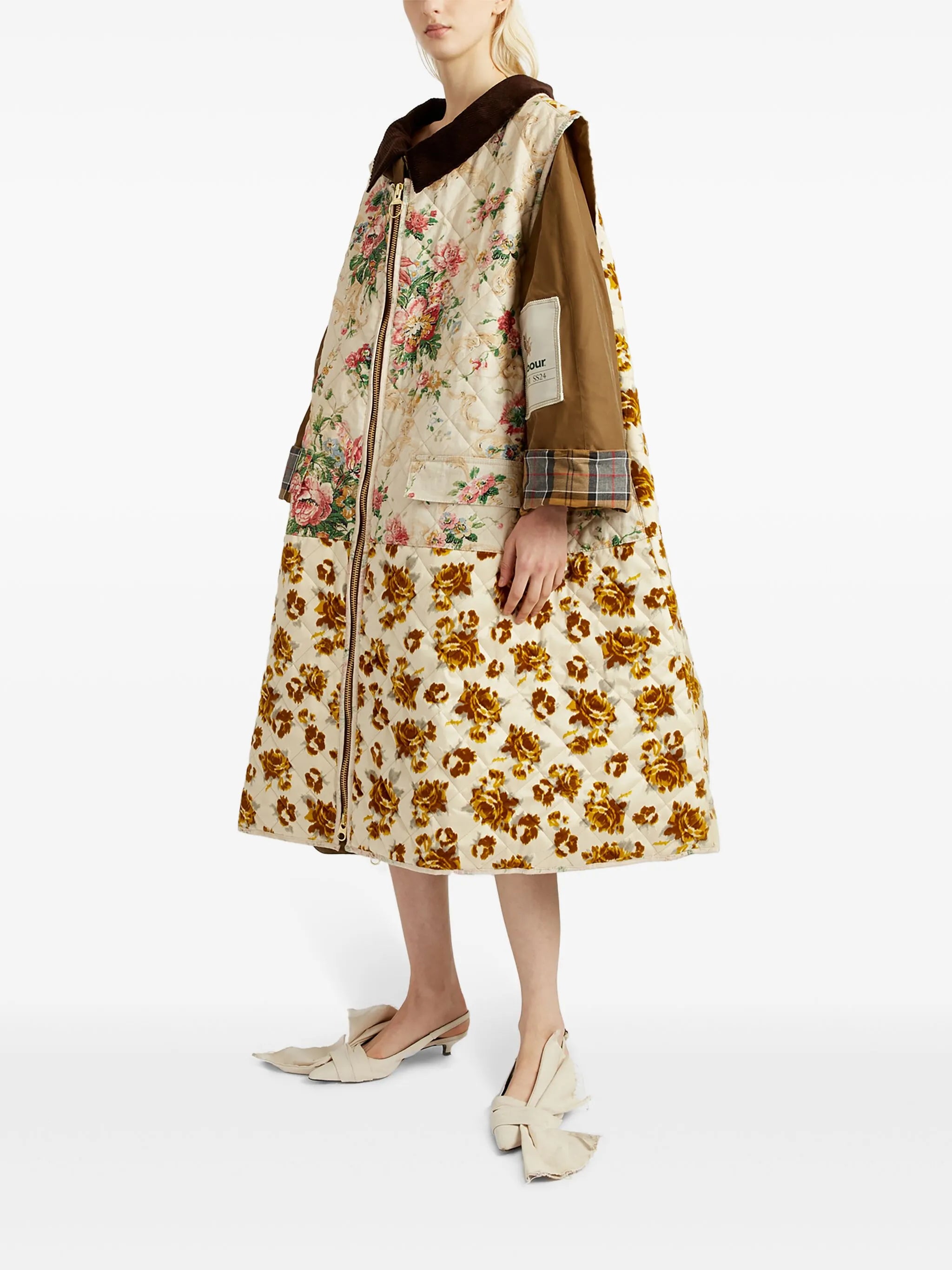 floral-gilet waxed cotton coat (two piece)