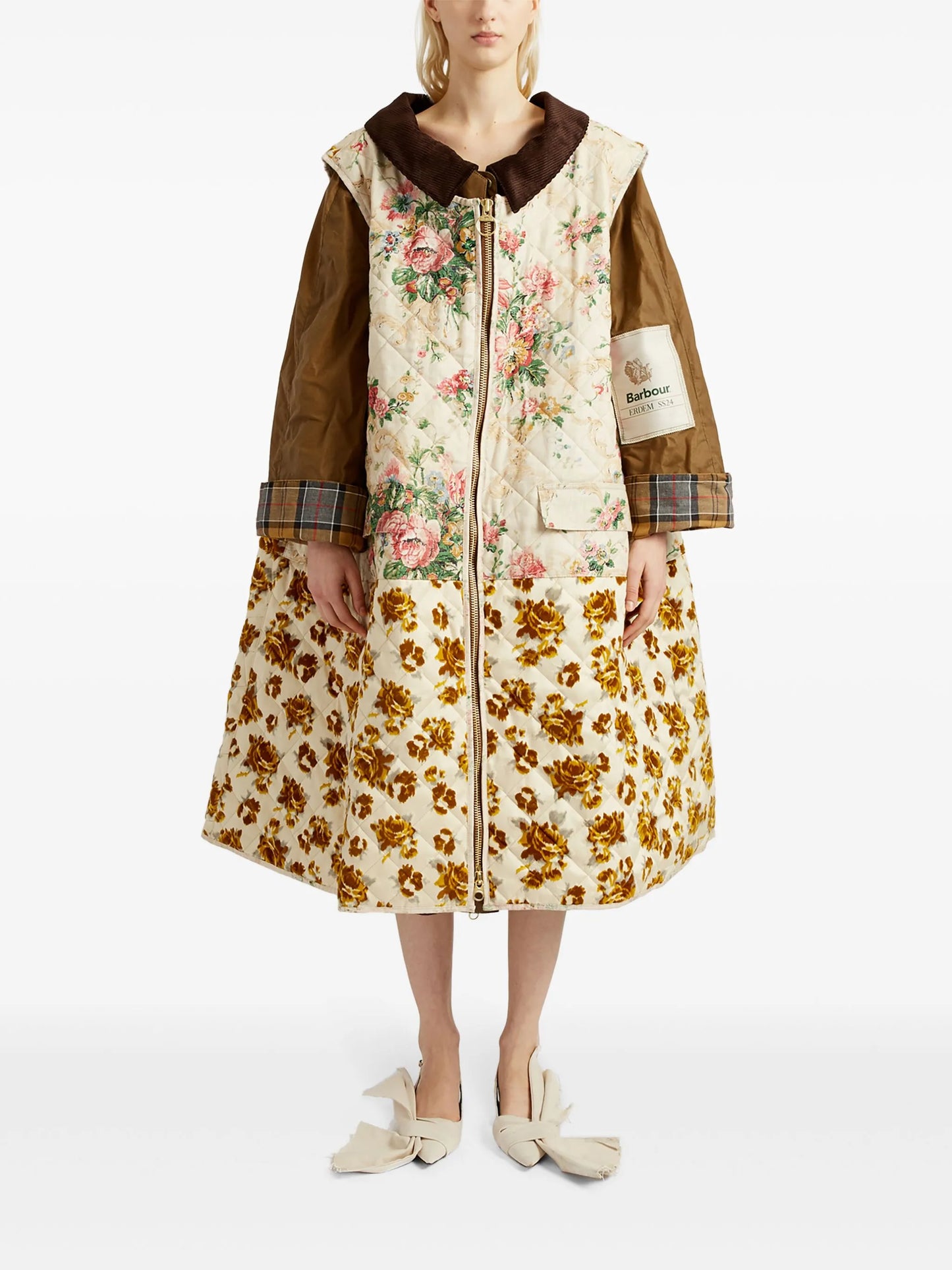 floral-gilet waxed cotton coat (two piece)