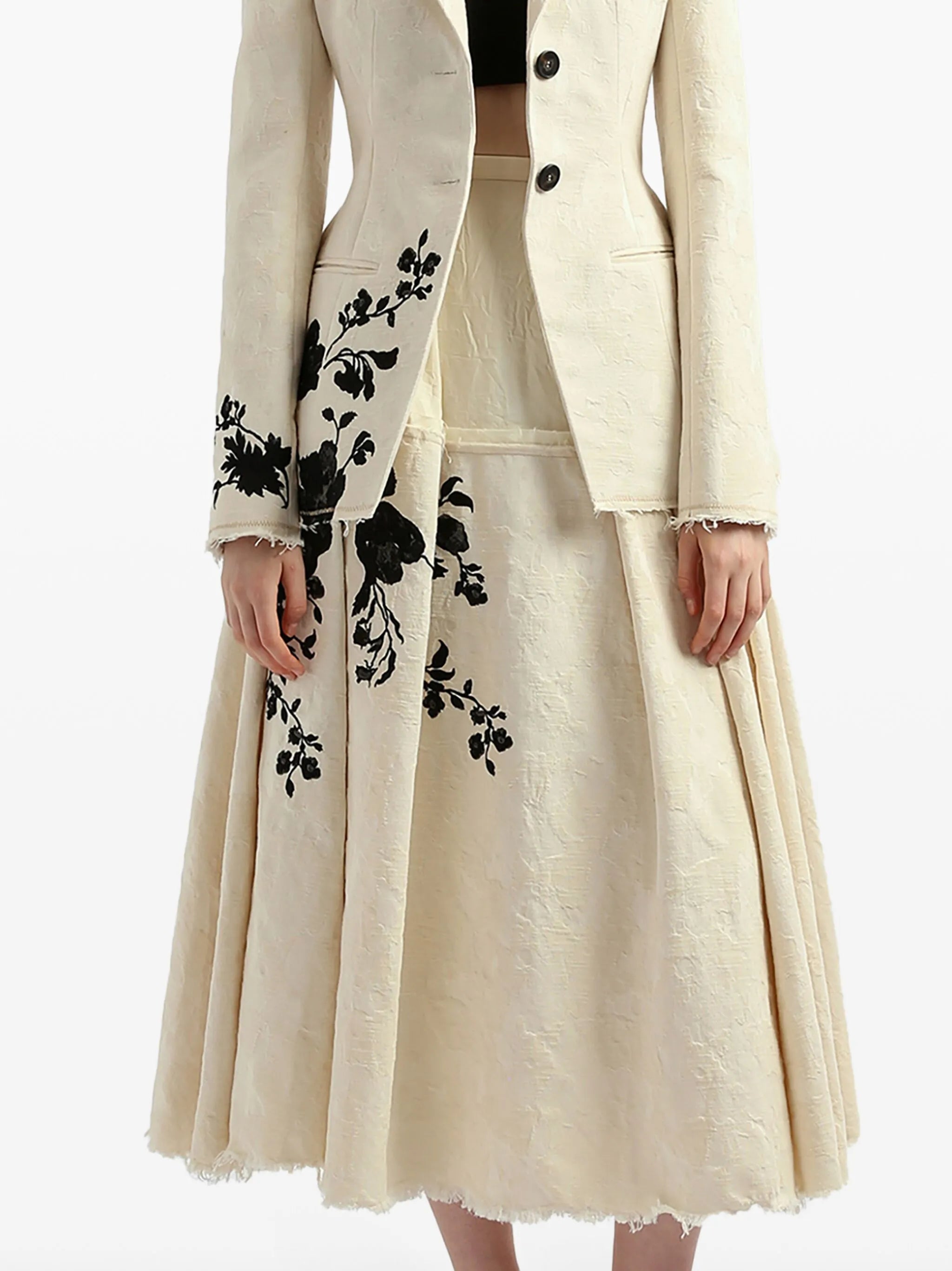 floral-embroidered raw-cut maxi skirt