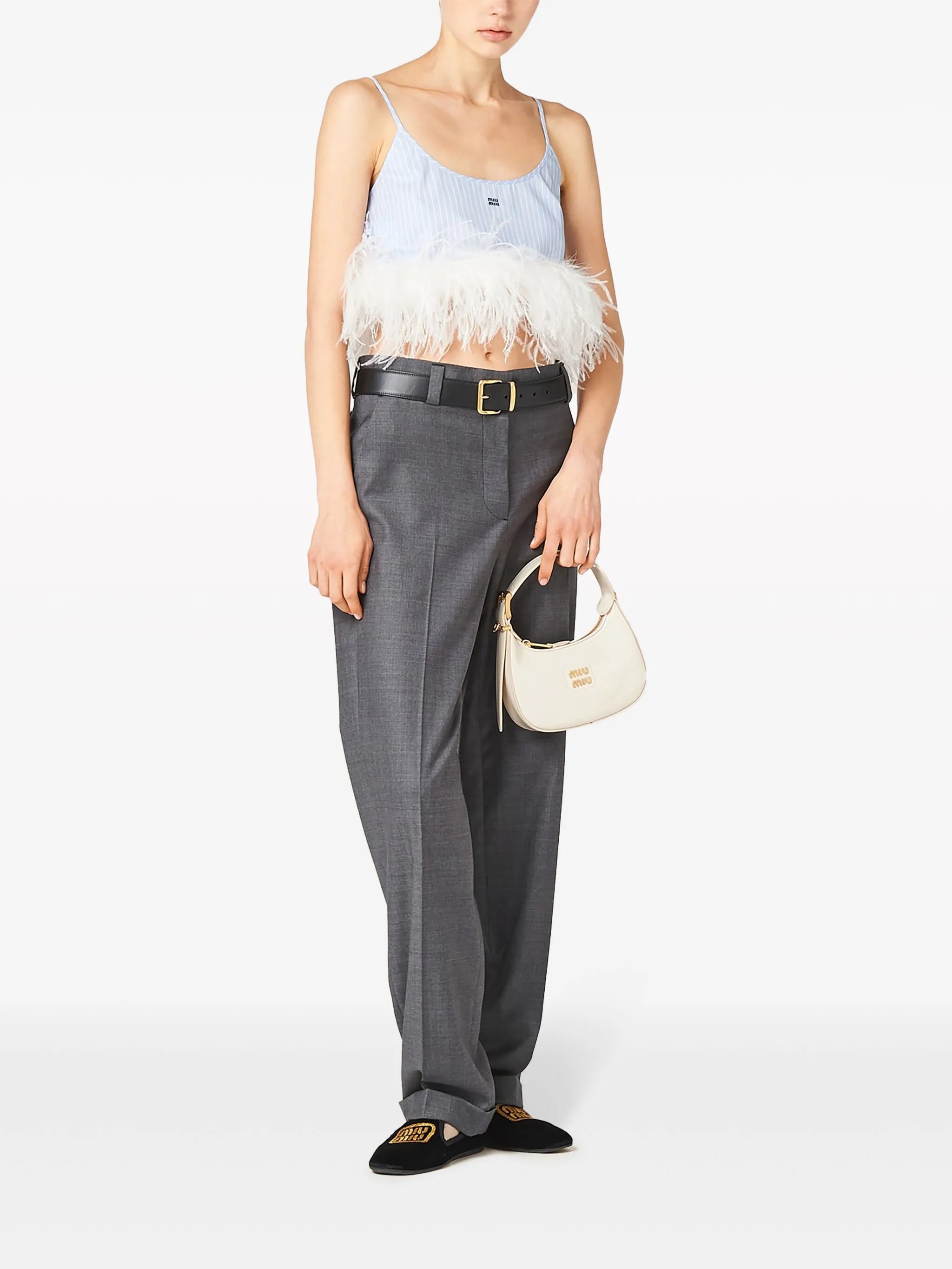 feather-trim striped crop top