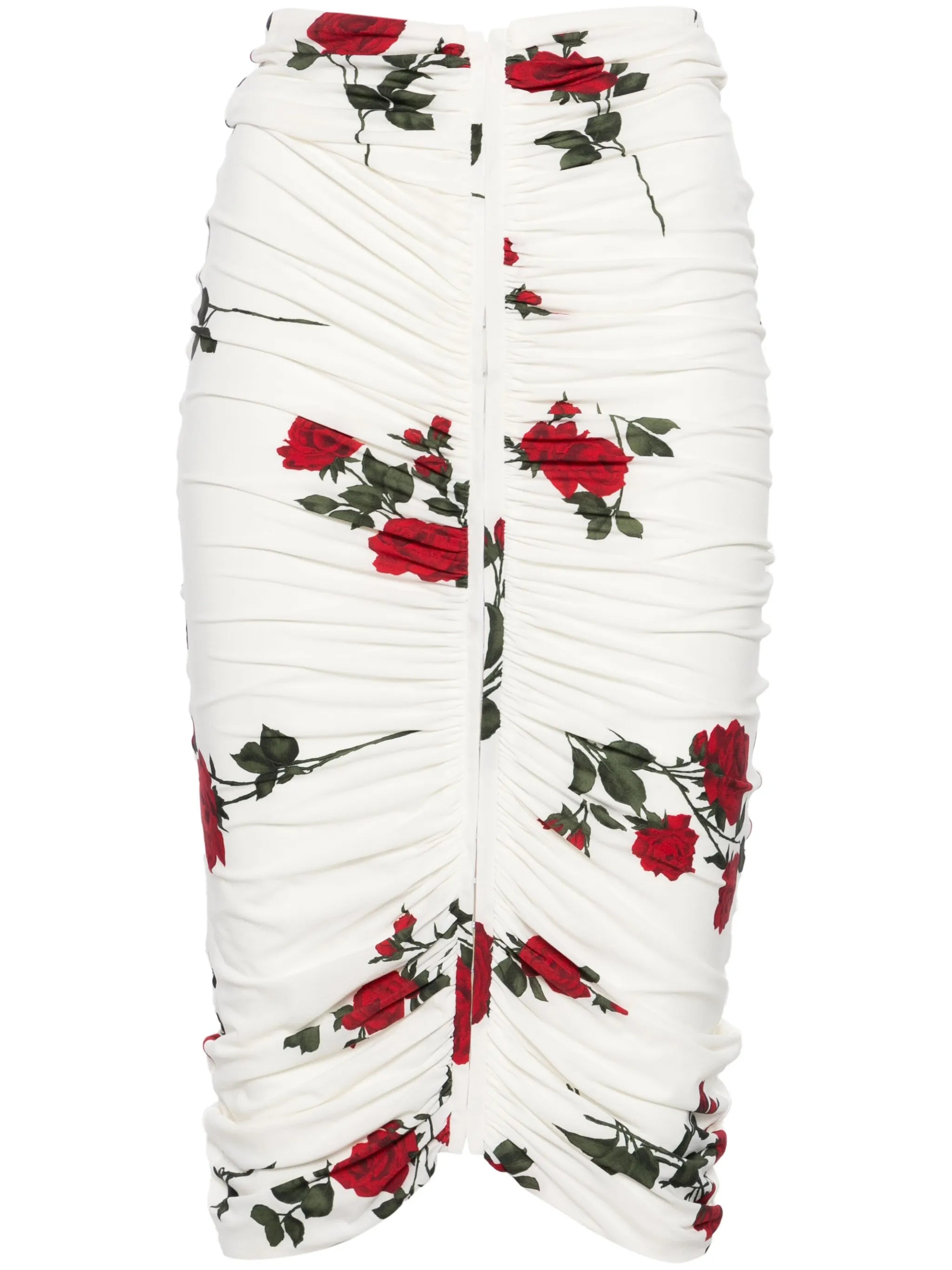 rose-print ruched midi skirt