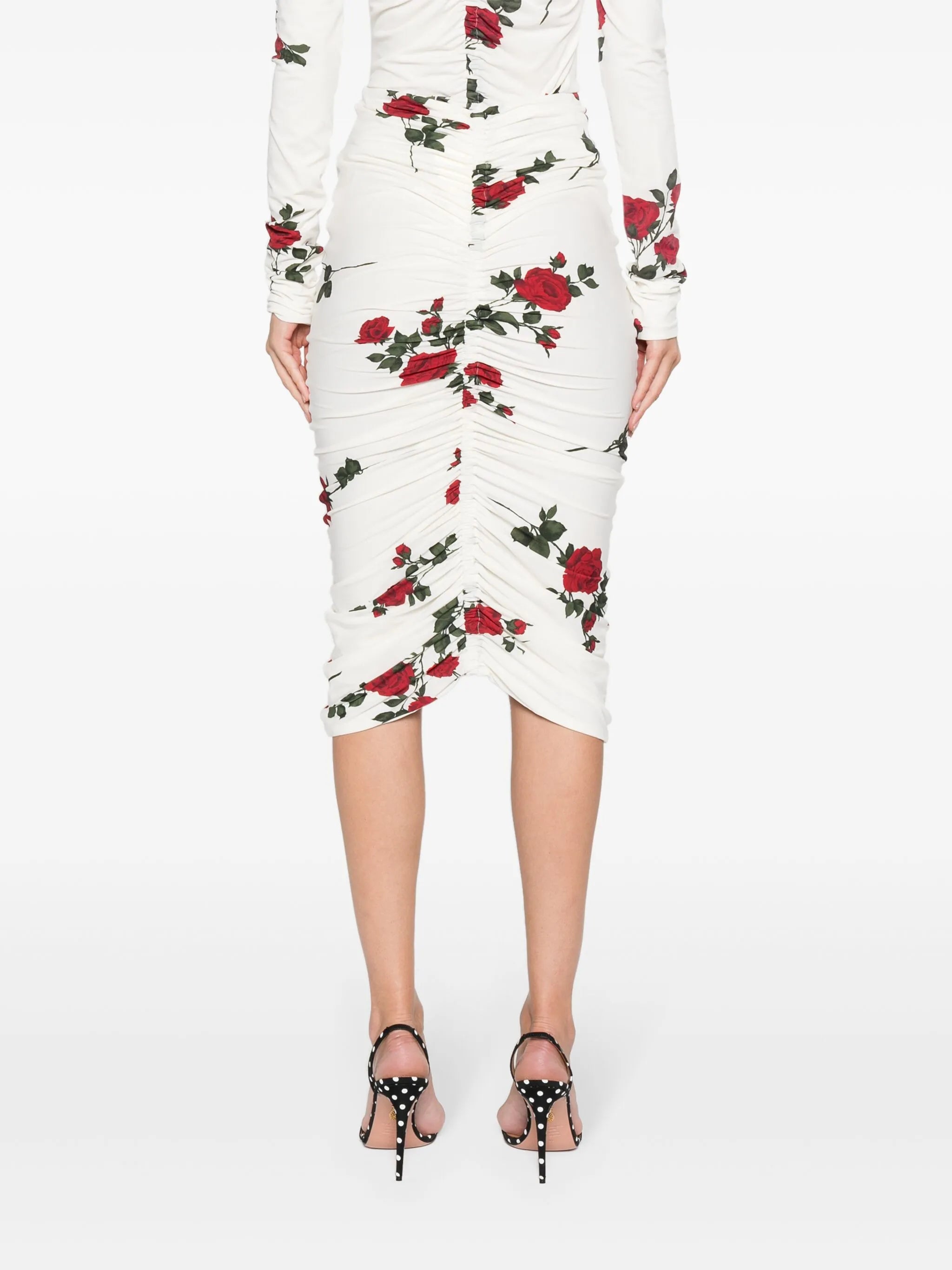 rose-print ruched midi skirt