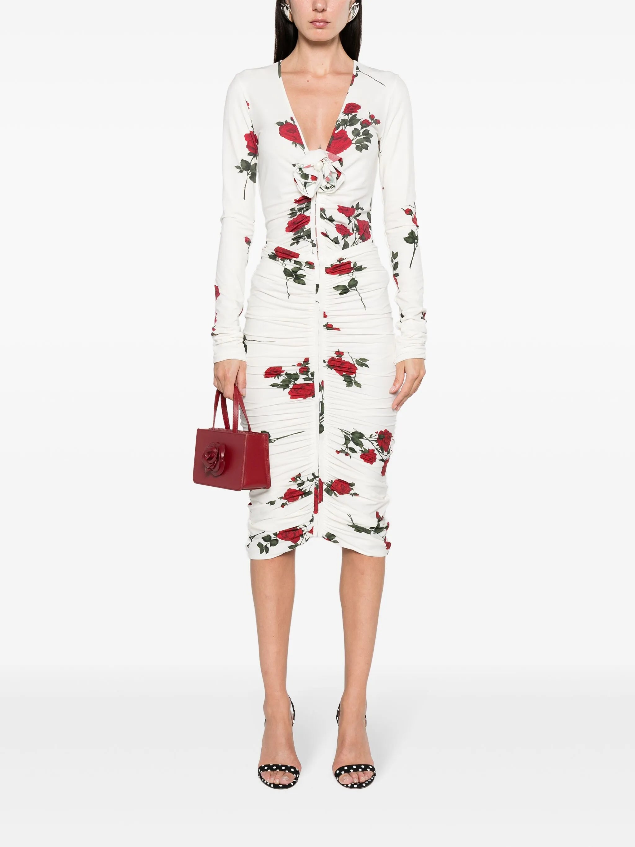 rose-print ruched midi skirt