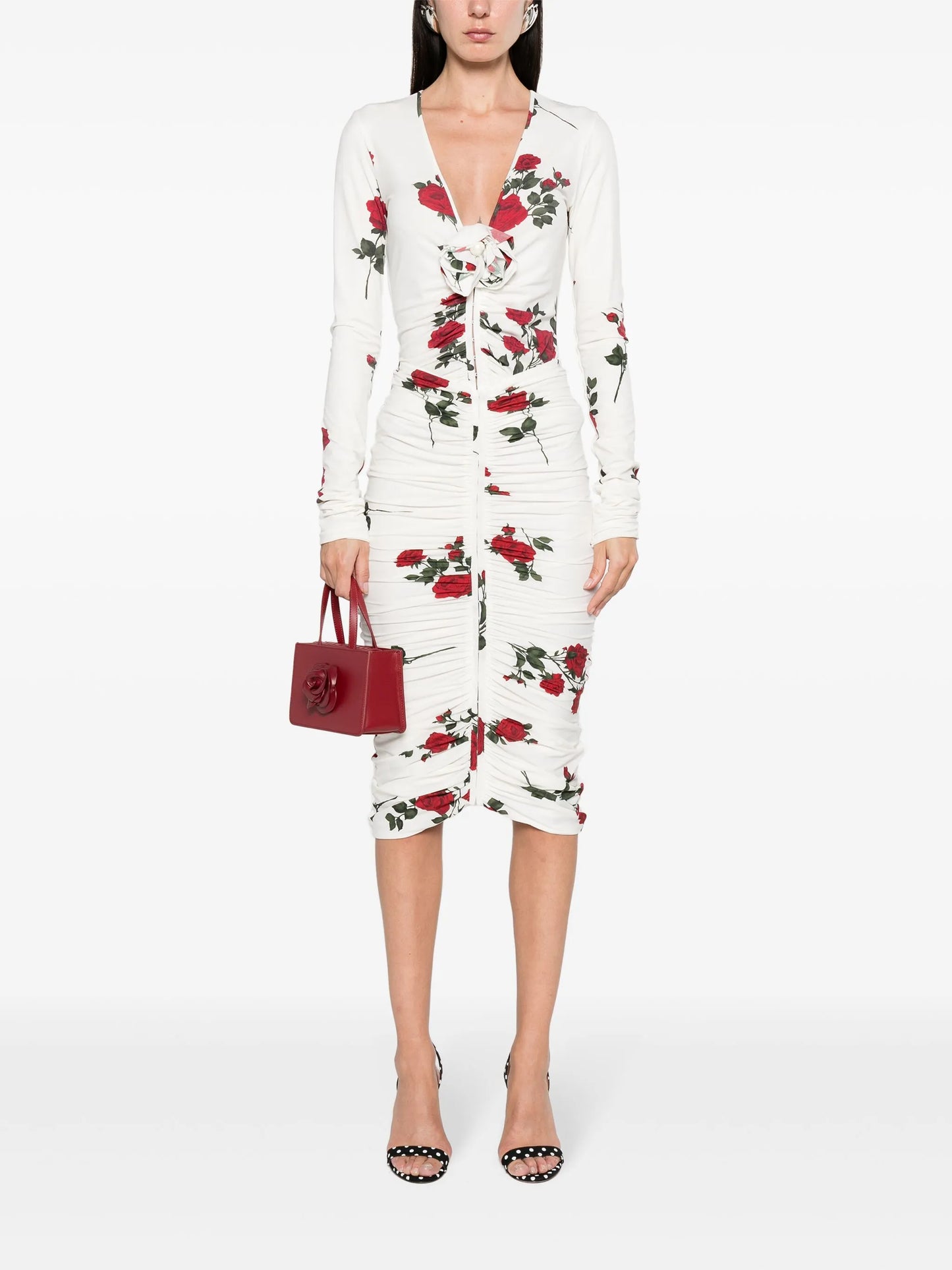 rose-print ruched midi skirt