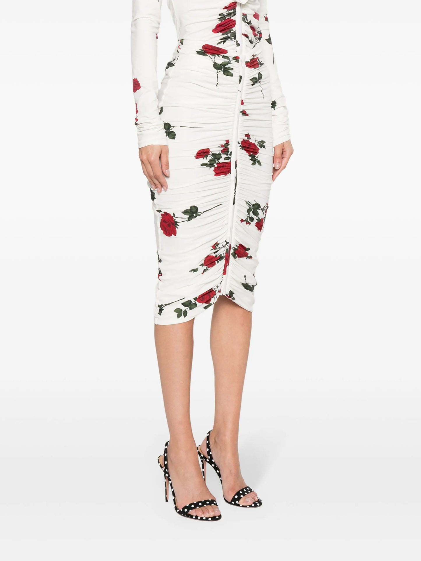 rose-print ruched midi skirt