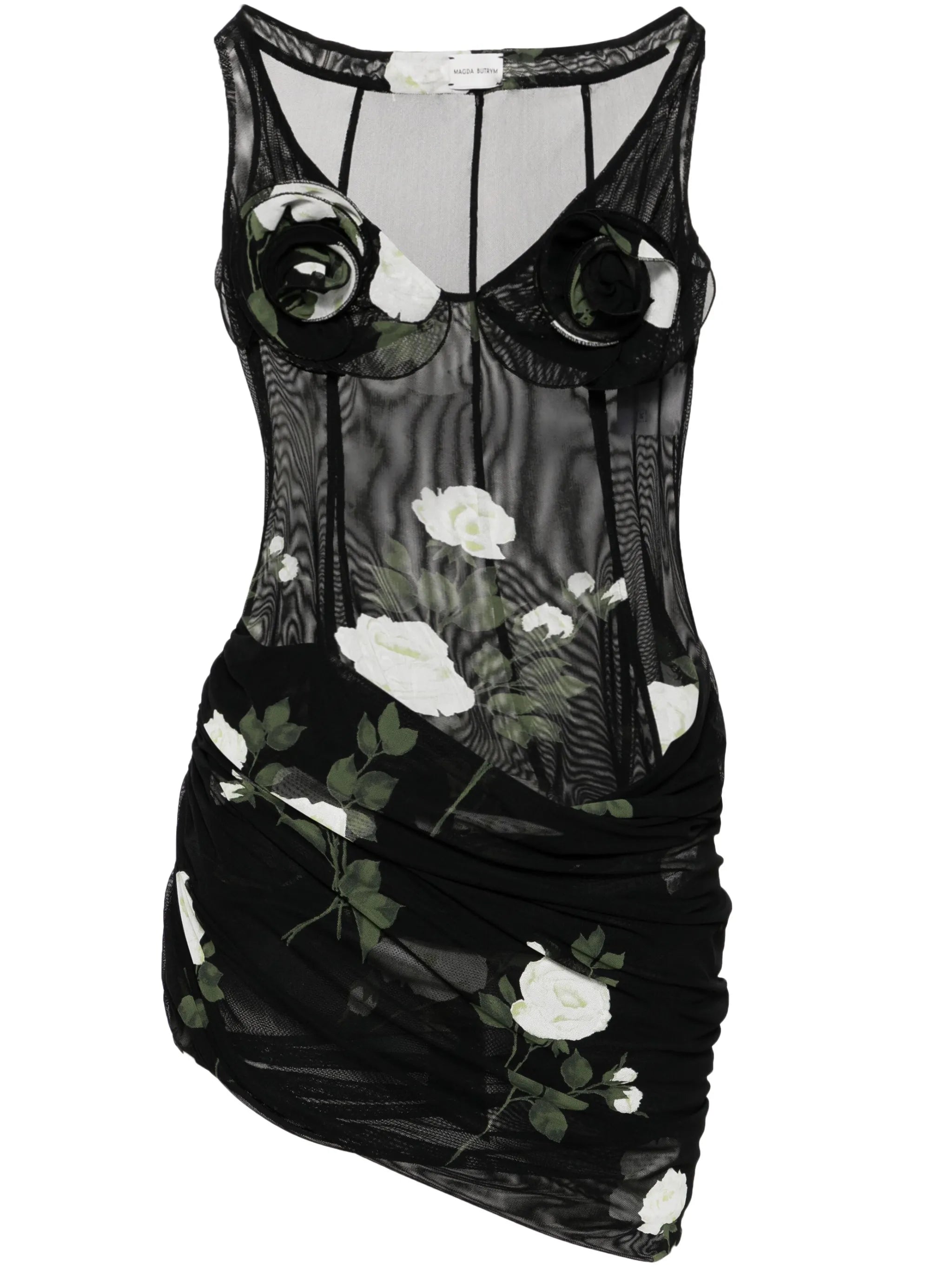 floral-applique draped minidress
