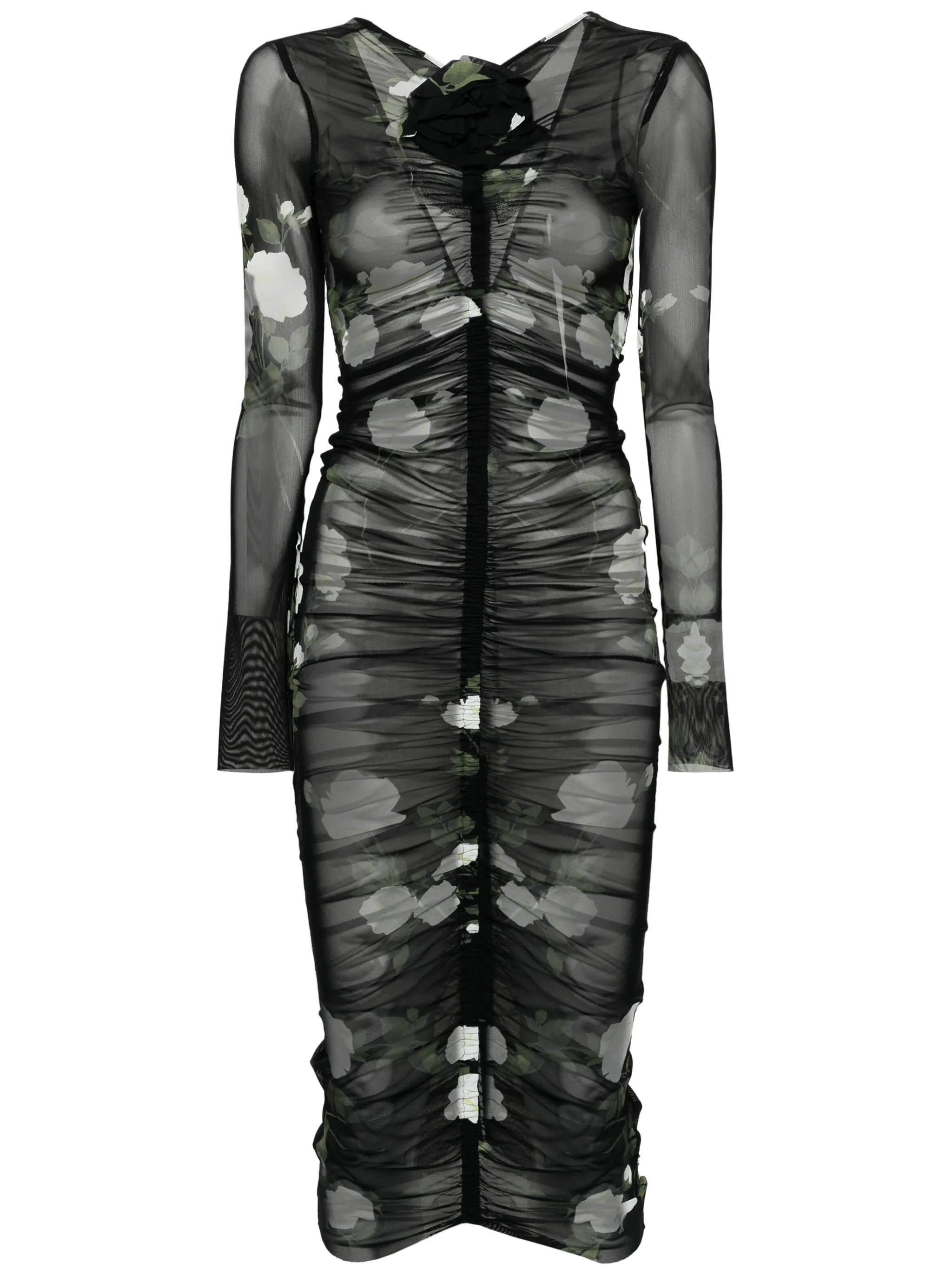 ruched semi-sheer midi dress