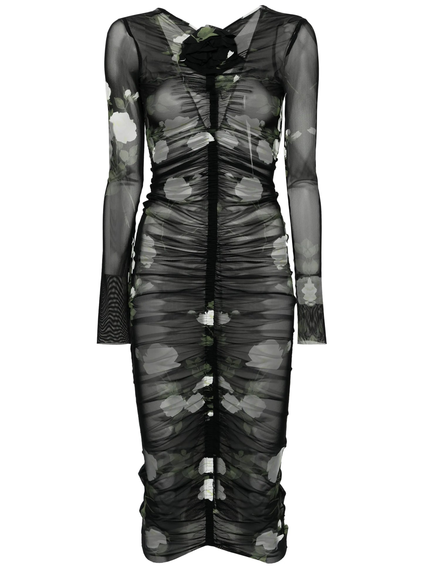 ruched semi-sheer midi dress