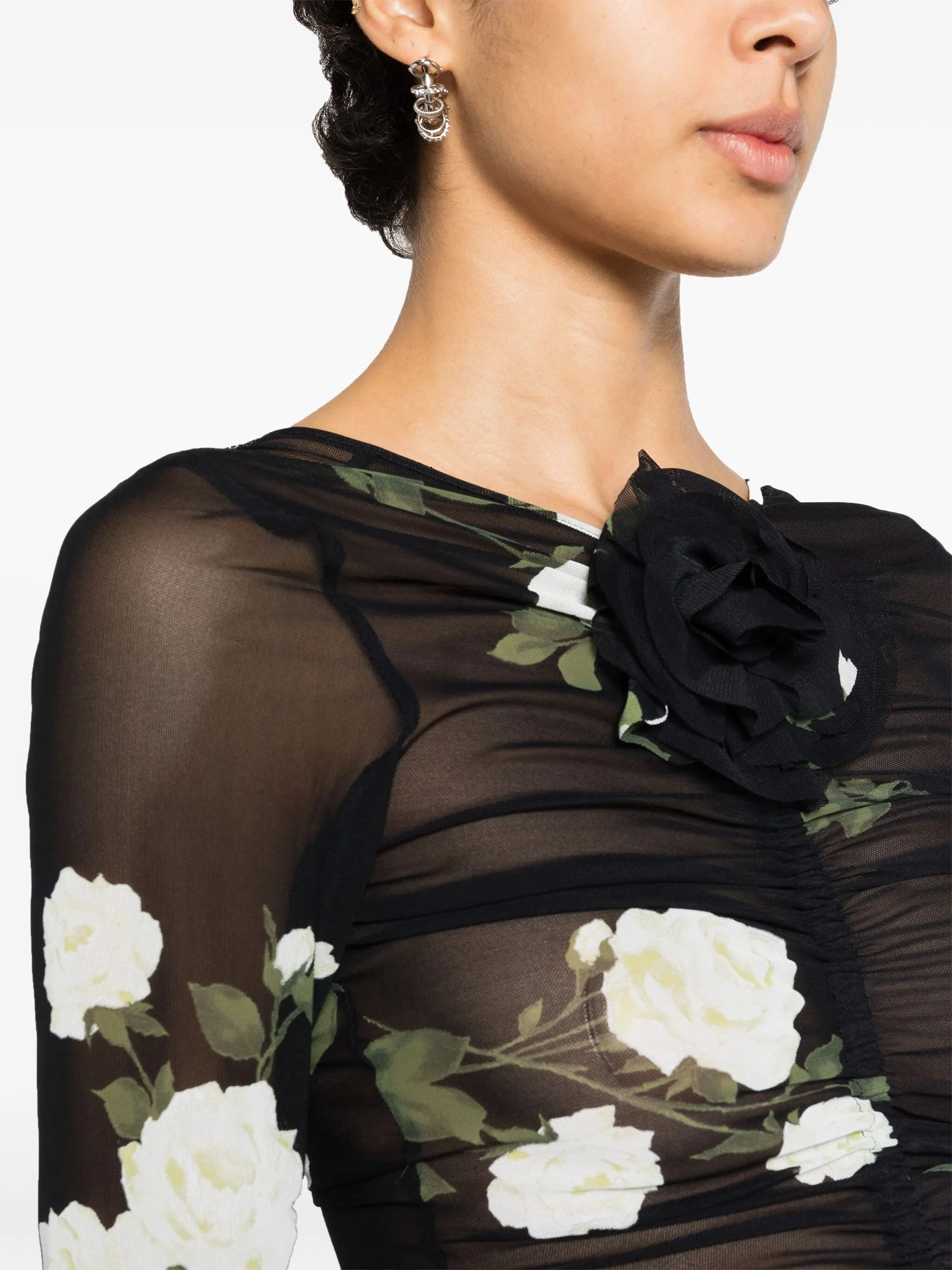 ruched semi-sheer midi dress