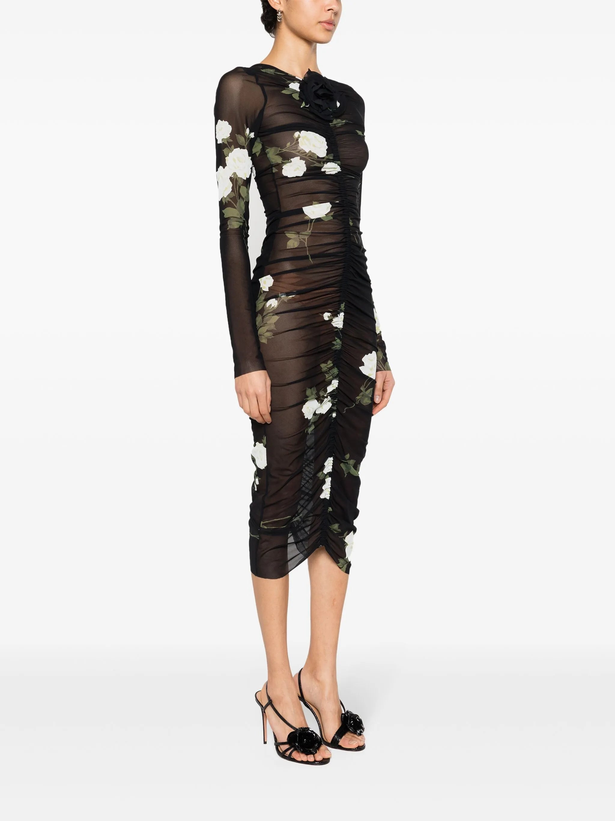 ruched semi-sheer midi dress
