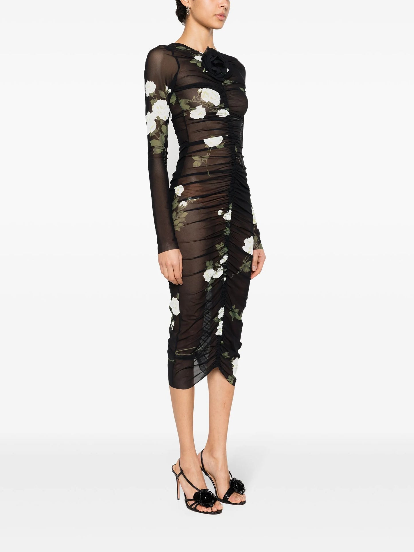 ruched semi-sheer midi dress