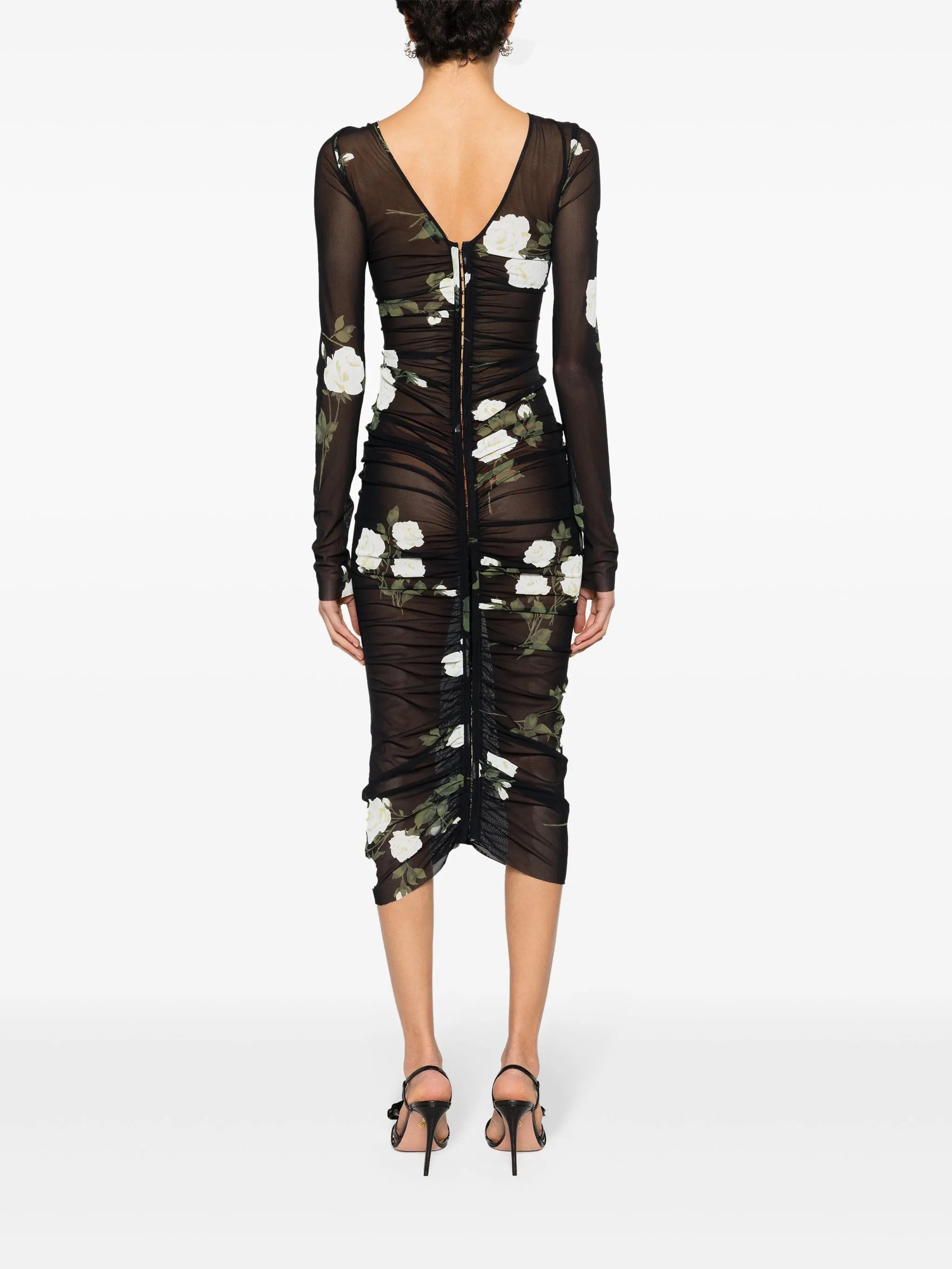 ruched semi-sheer midi dress