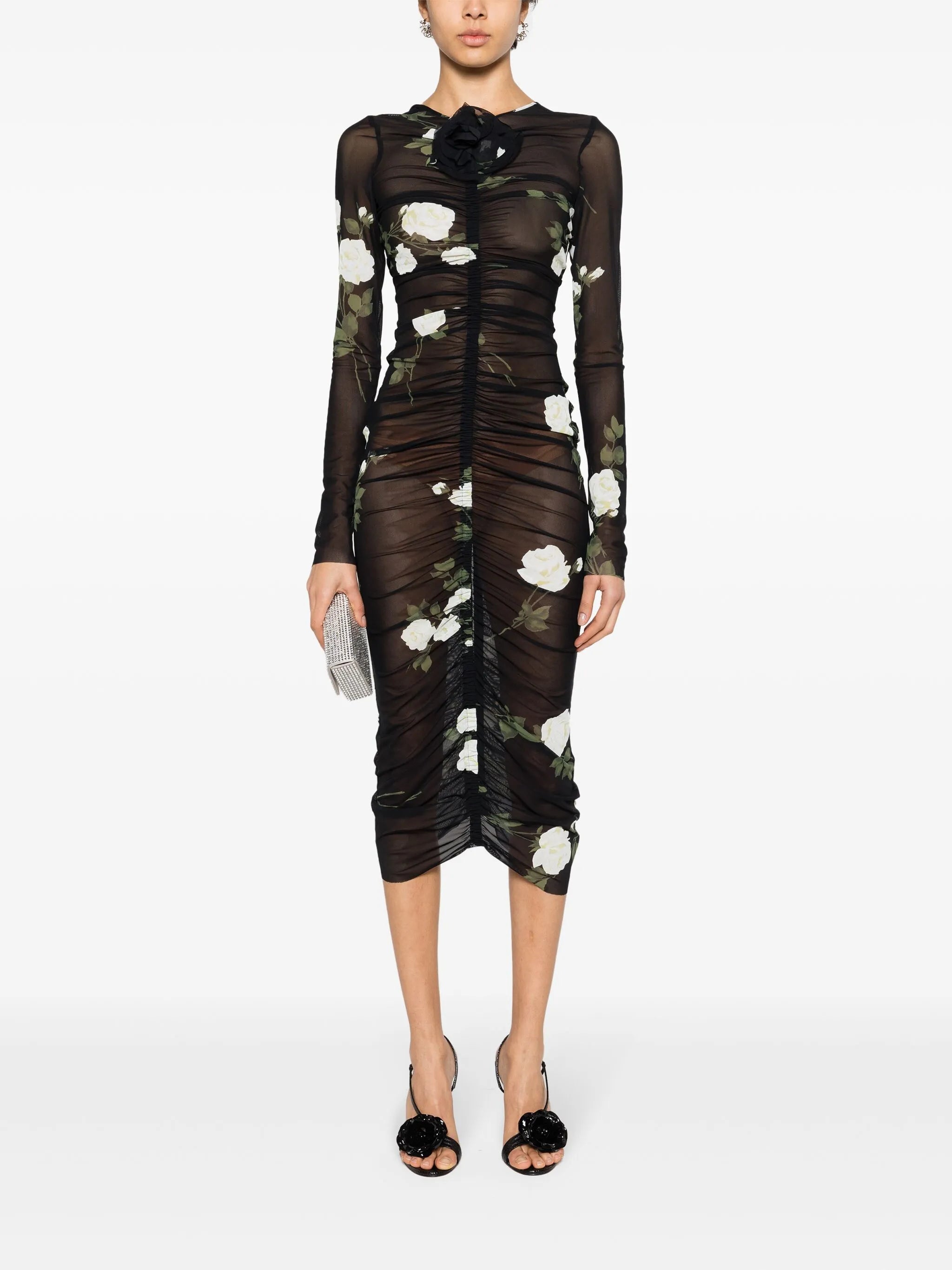 ruched semi-sheer midi dress