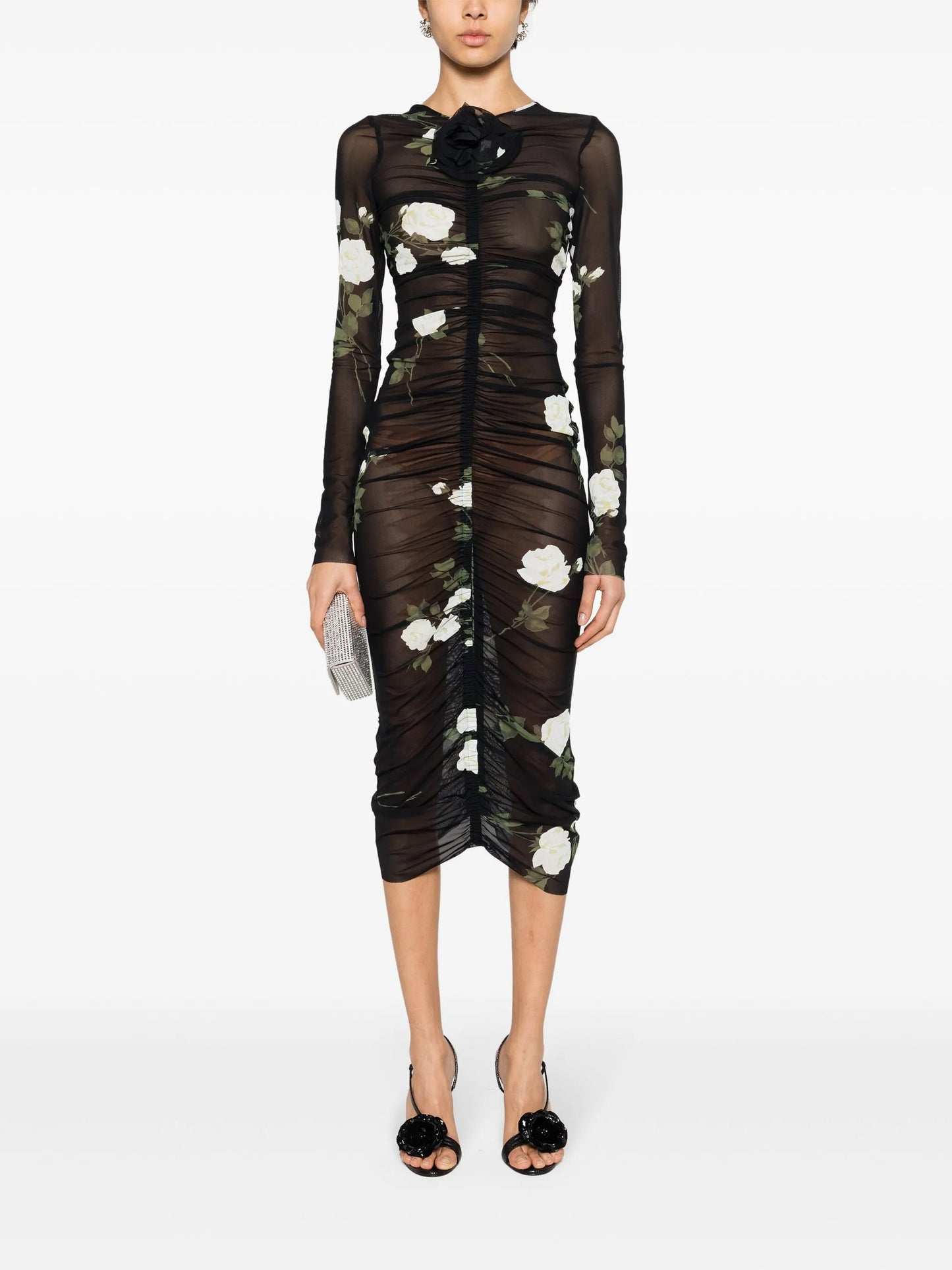 ruched semi-sheer midi dress
