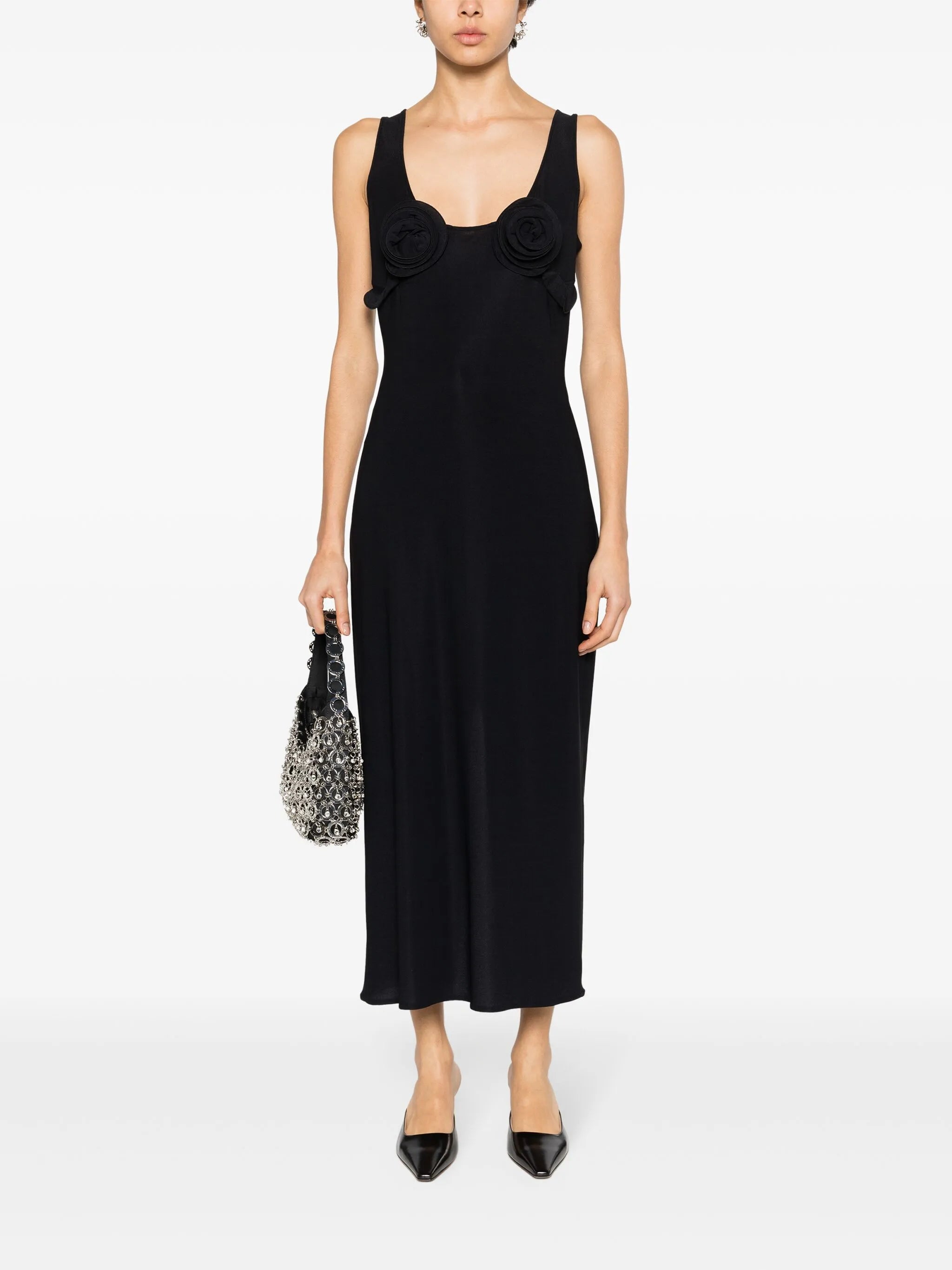 floral-appliqué midi dress