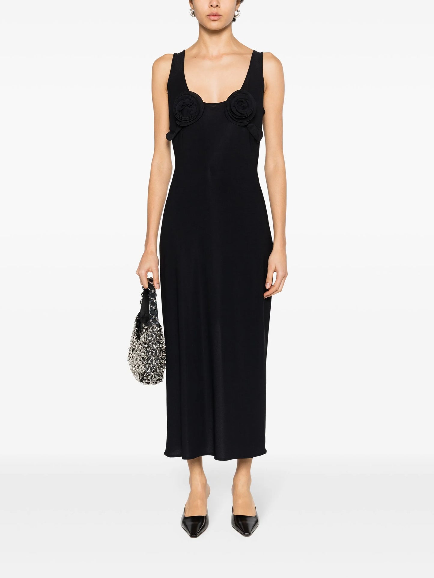floral-appliqué midi dress