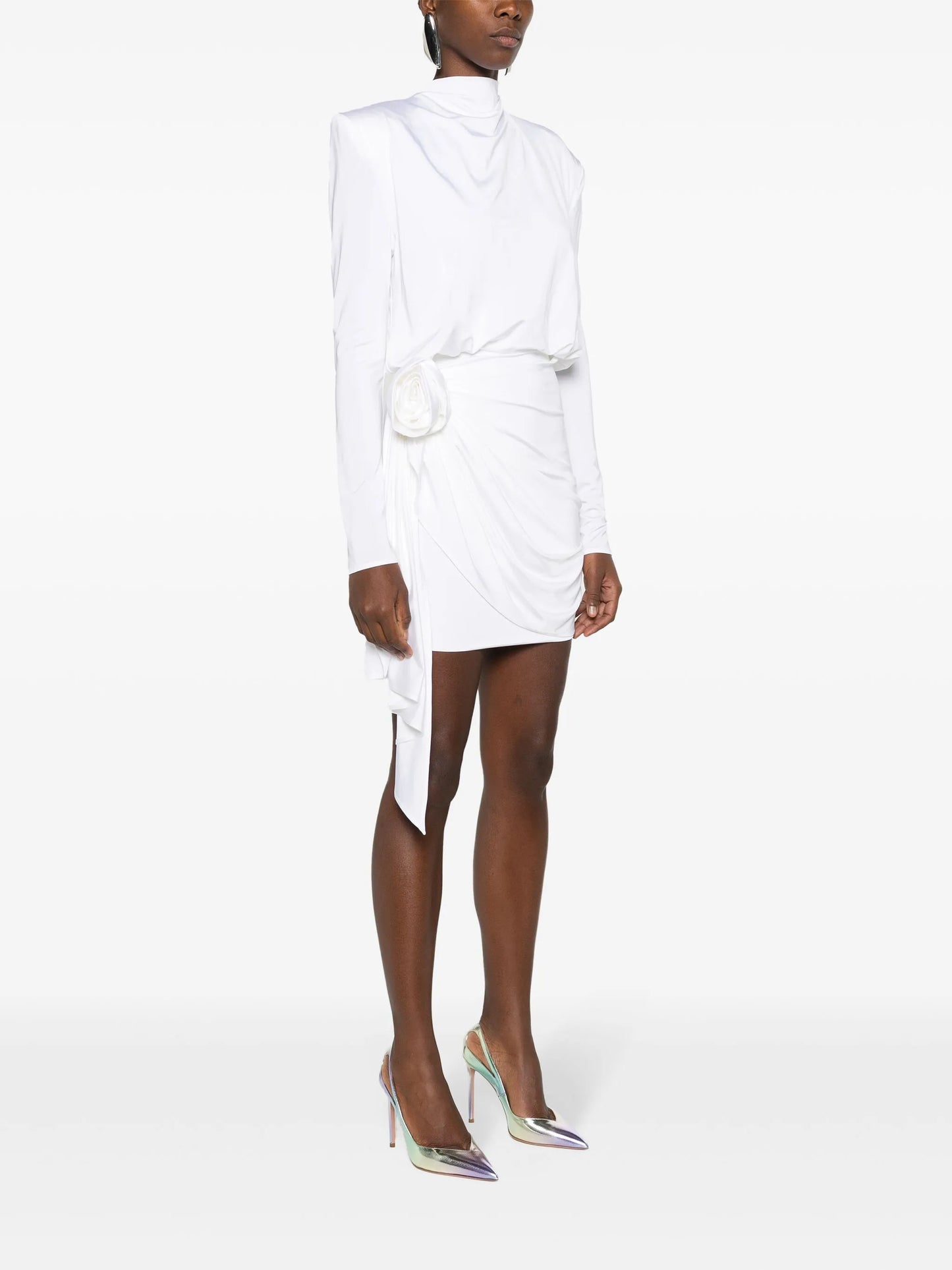 floral-appliqué draped minidress