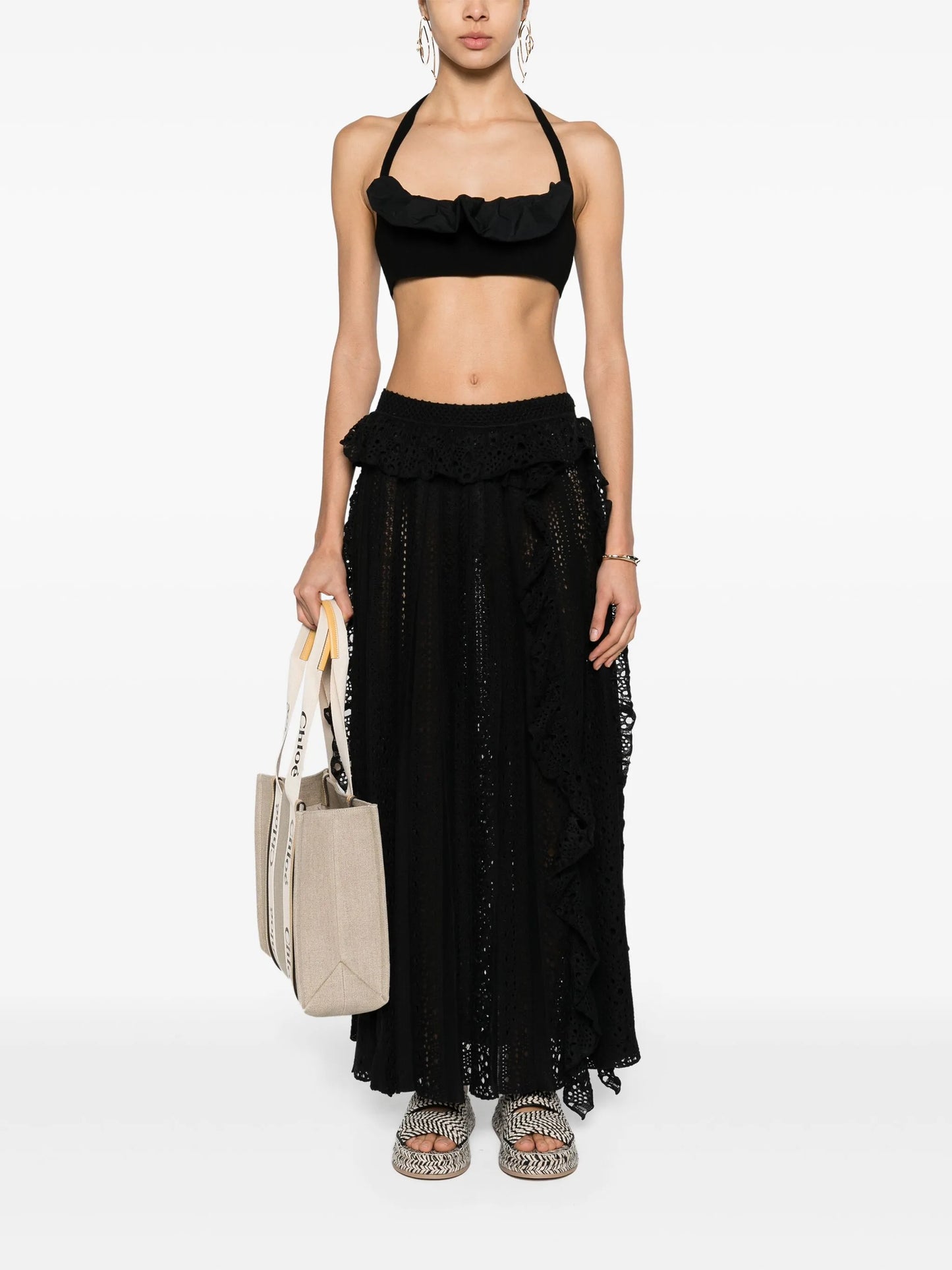 open-knit plissé maxi skirt