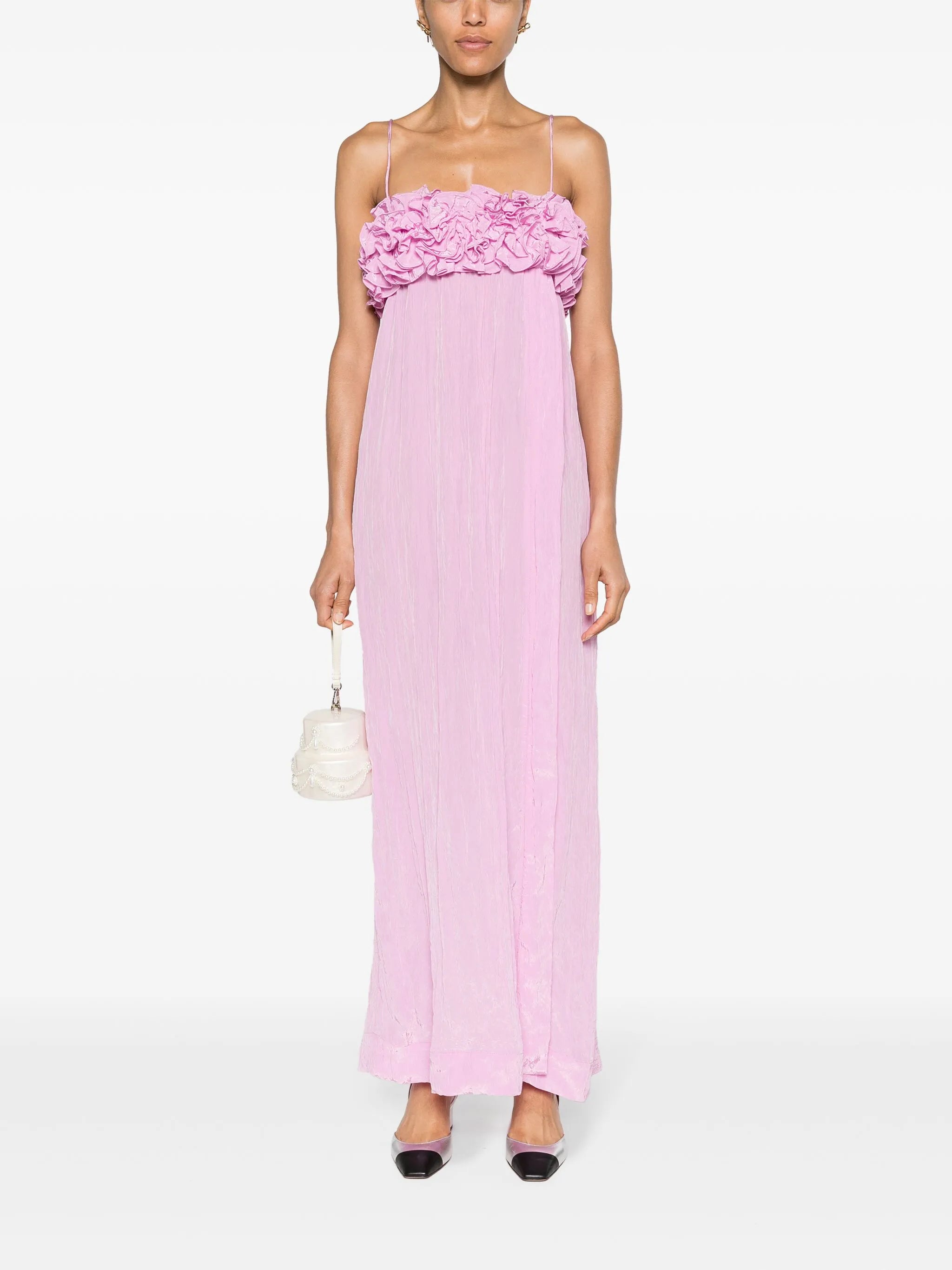 floral-appliqué crinkled maxi dress