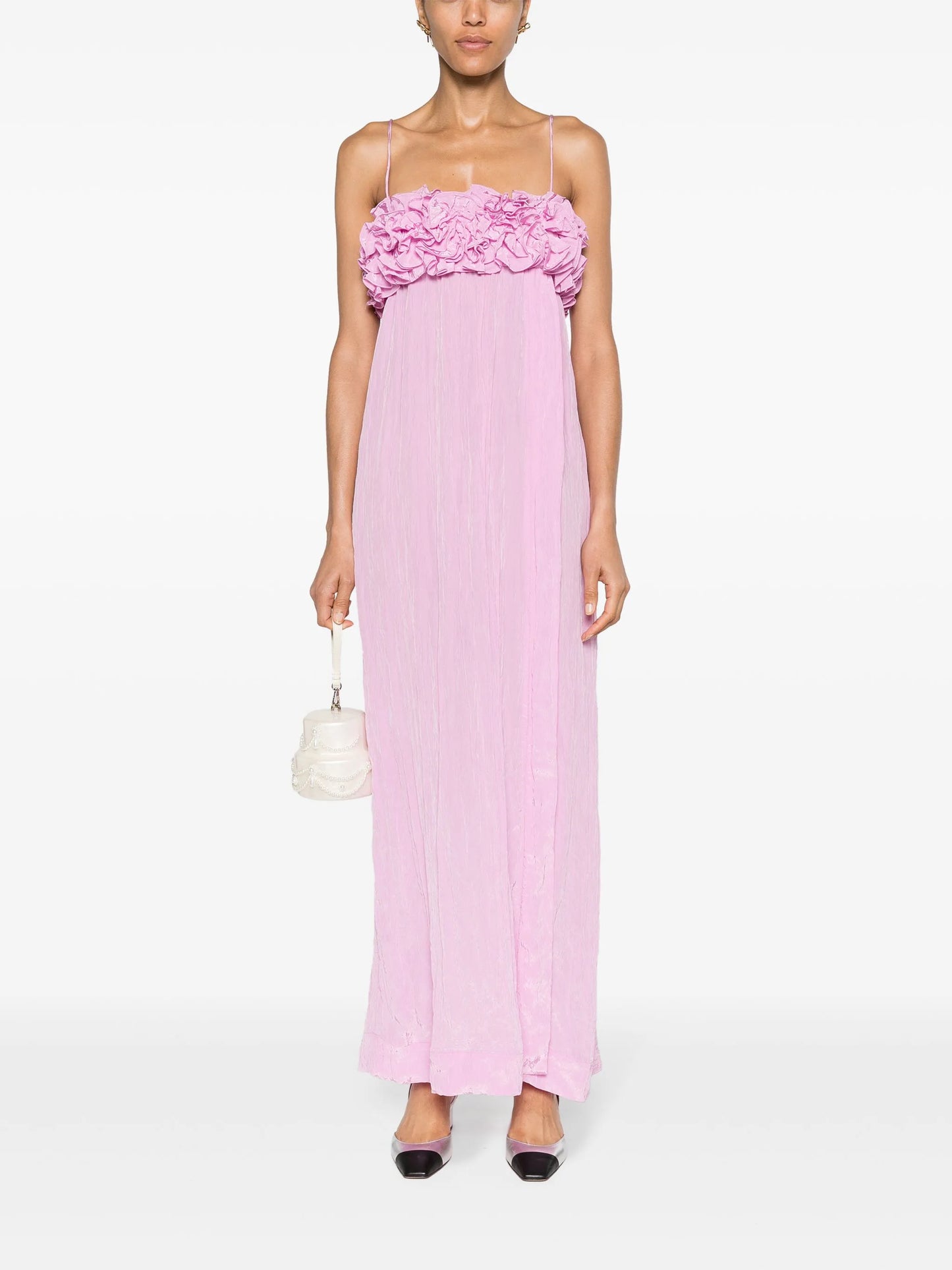 floral-appliqué crinkled maxi dress
