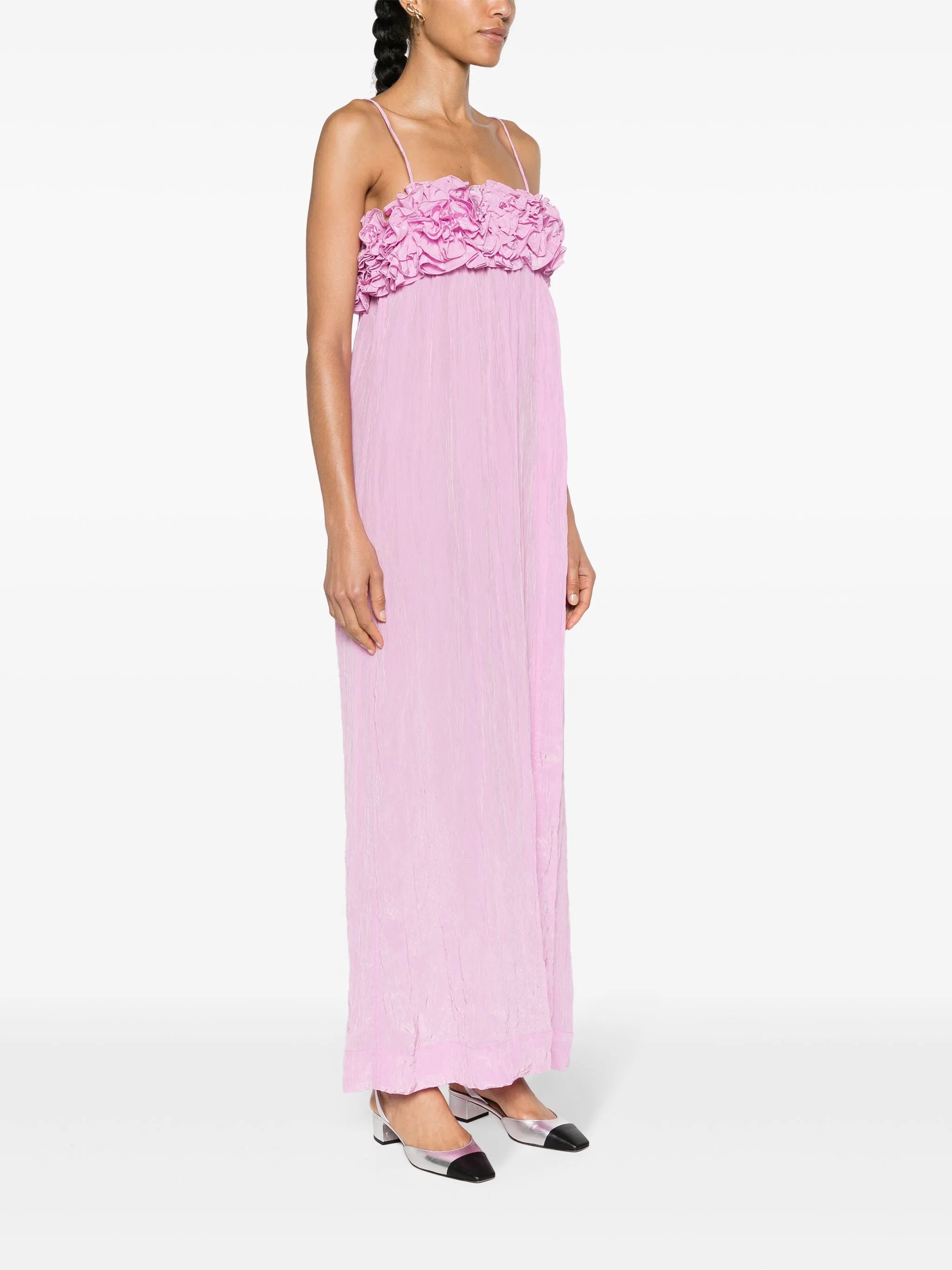 floral-appliqué crinkled maxi dress