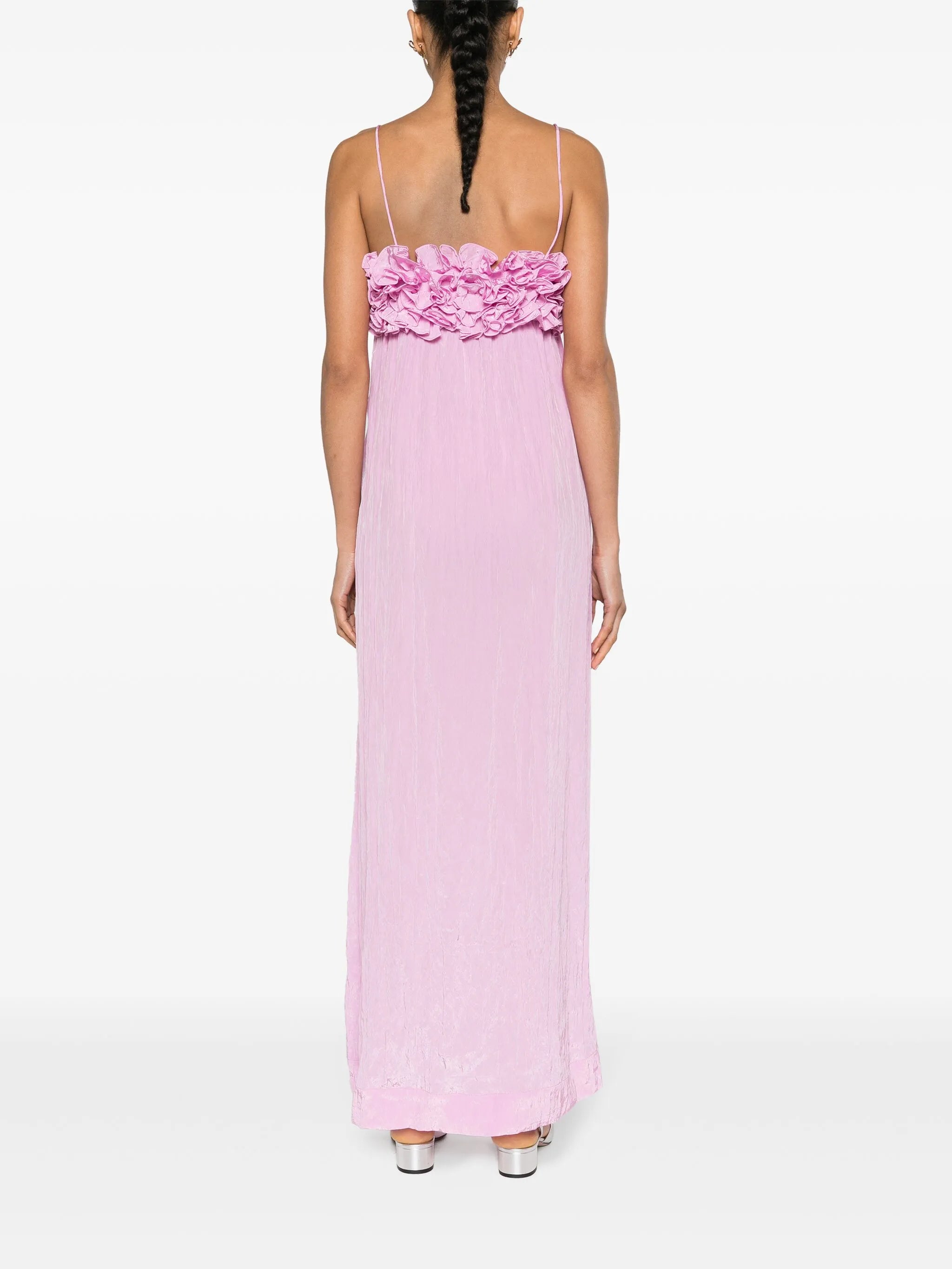 floral-appliqué crinkled maxi dress