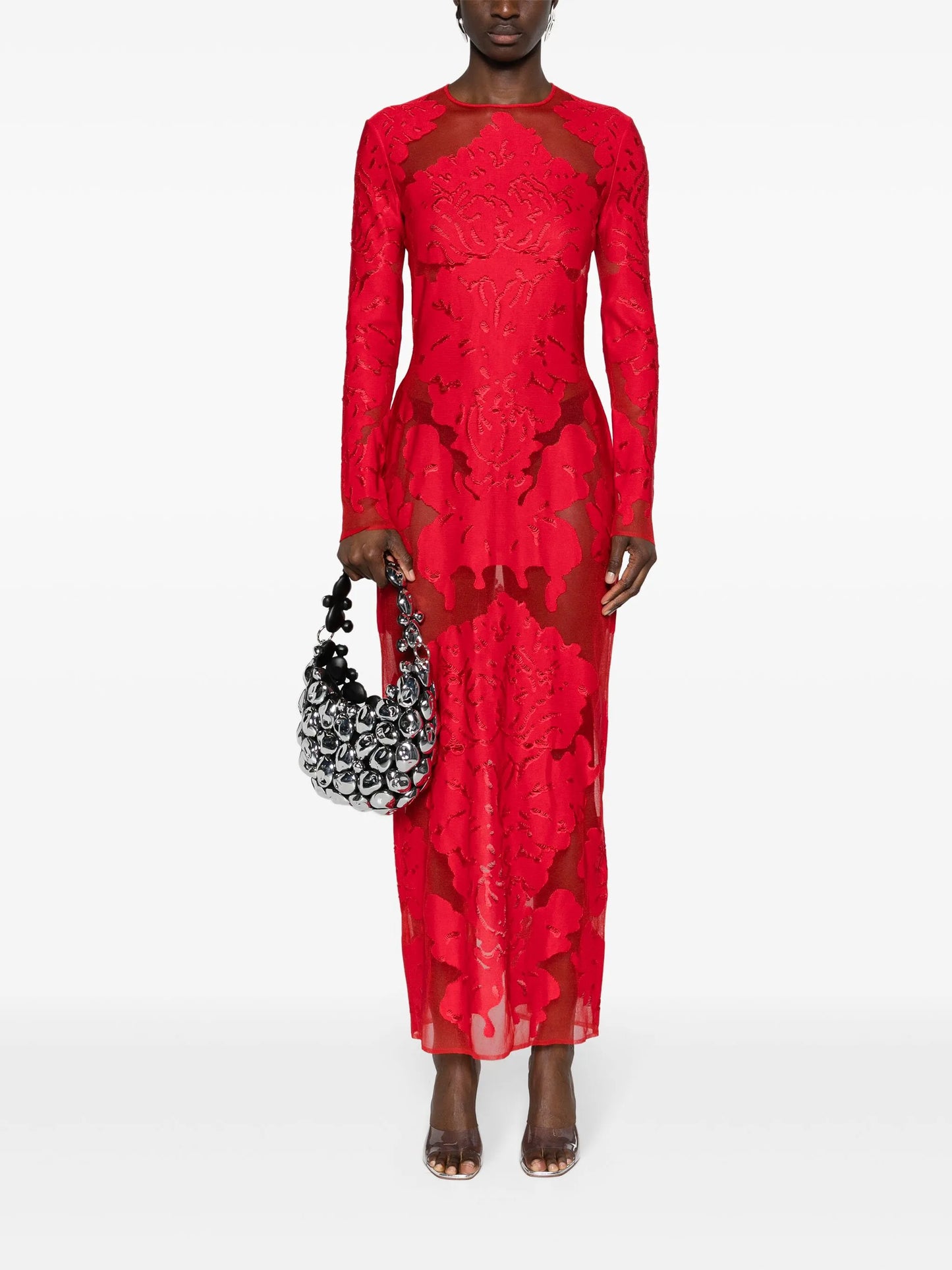 floral-appliqué silk maxi dress