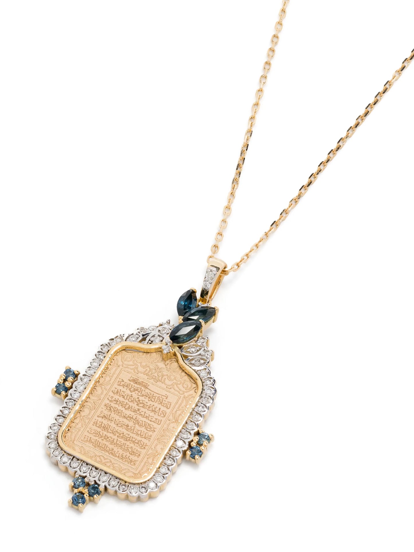 18kt yellow gold Ayut Al Kursi diamond and sapphire necklace