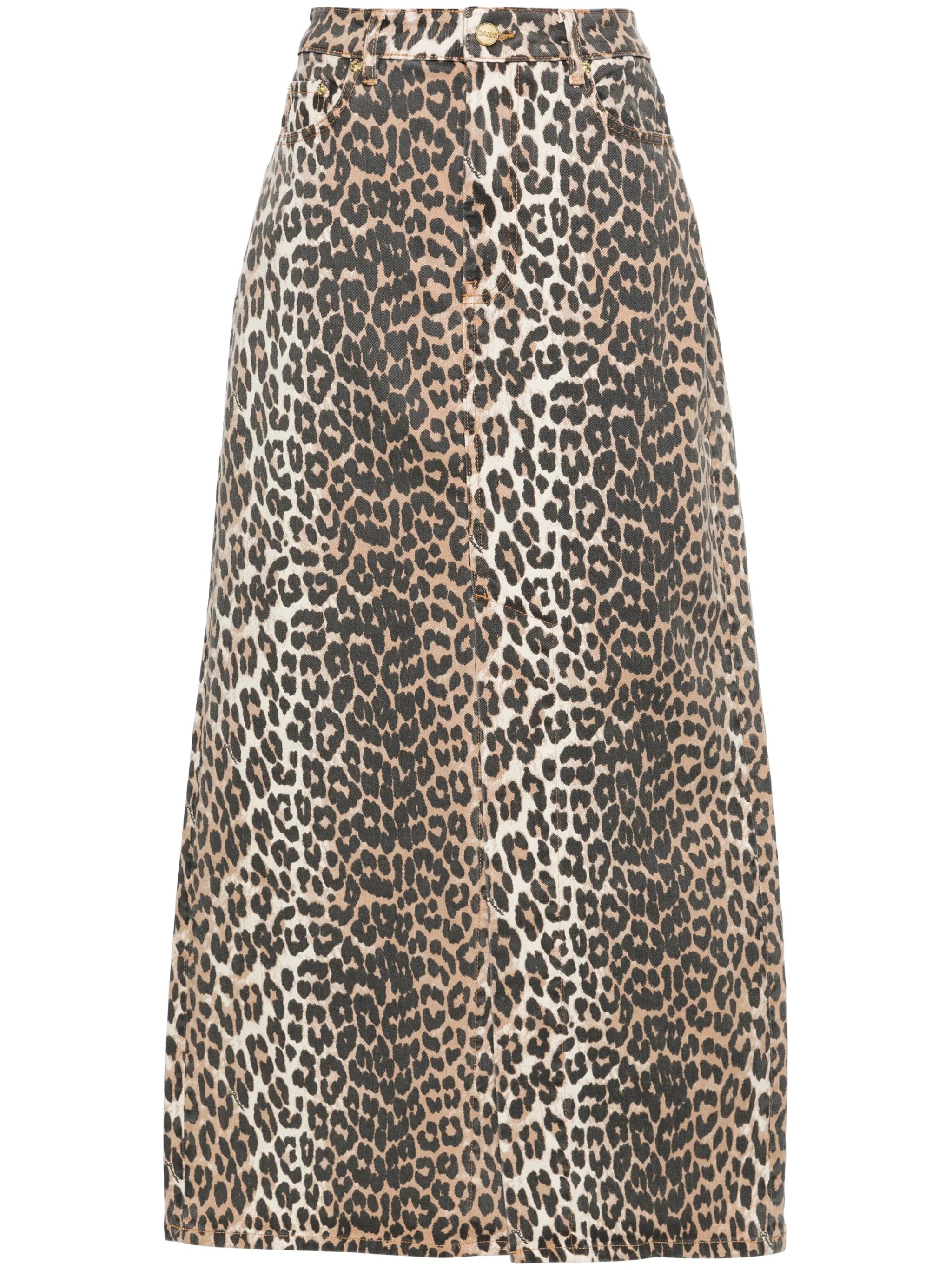 high-waisted leopard-print denim midi skirt