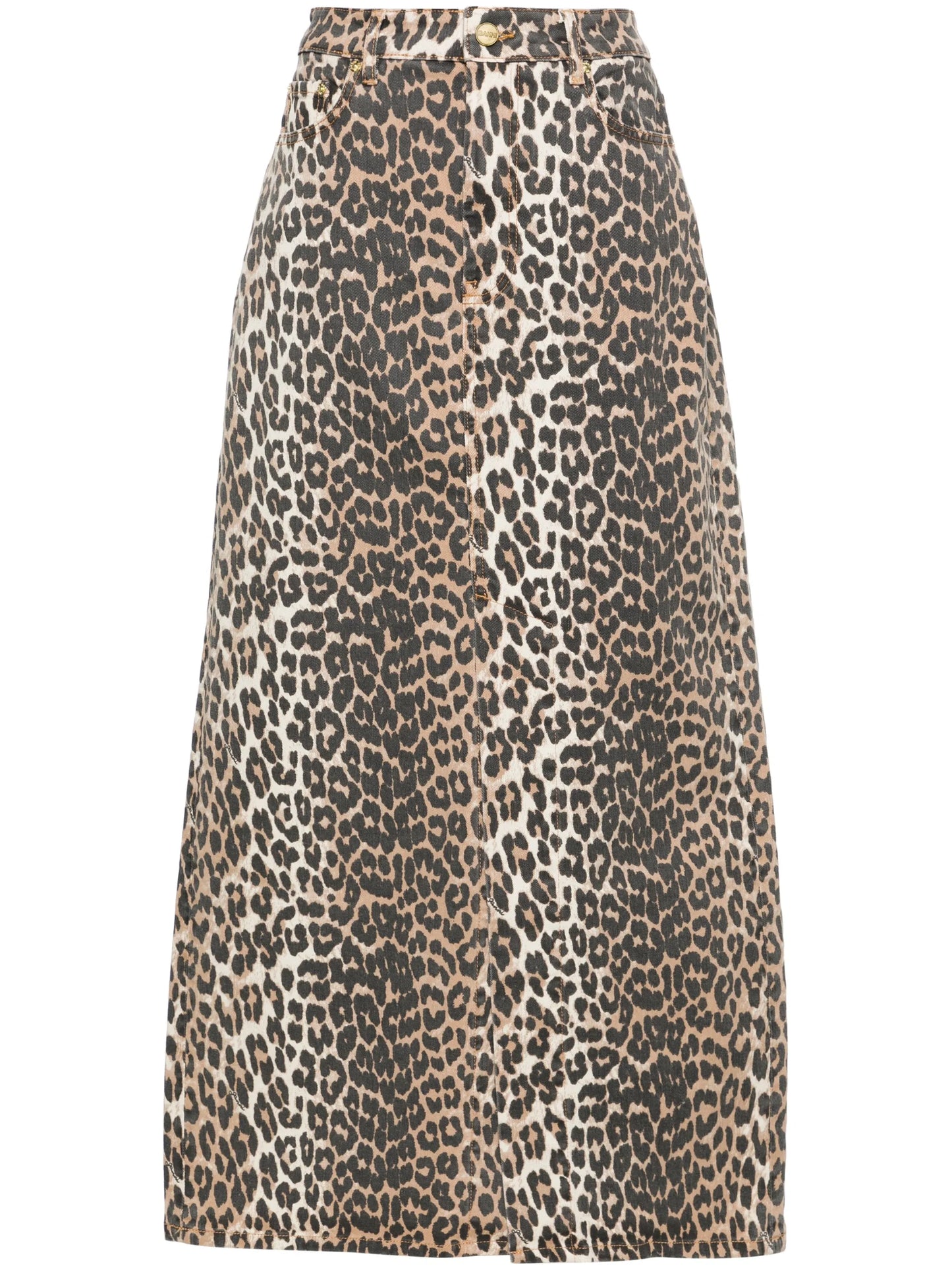 high-waisted leopard-print denim midi skirt