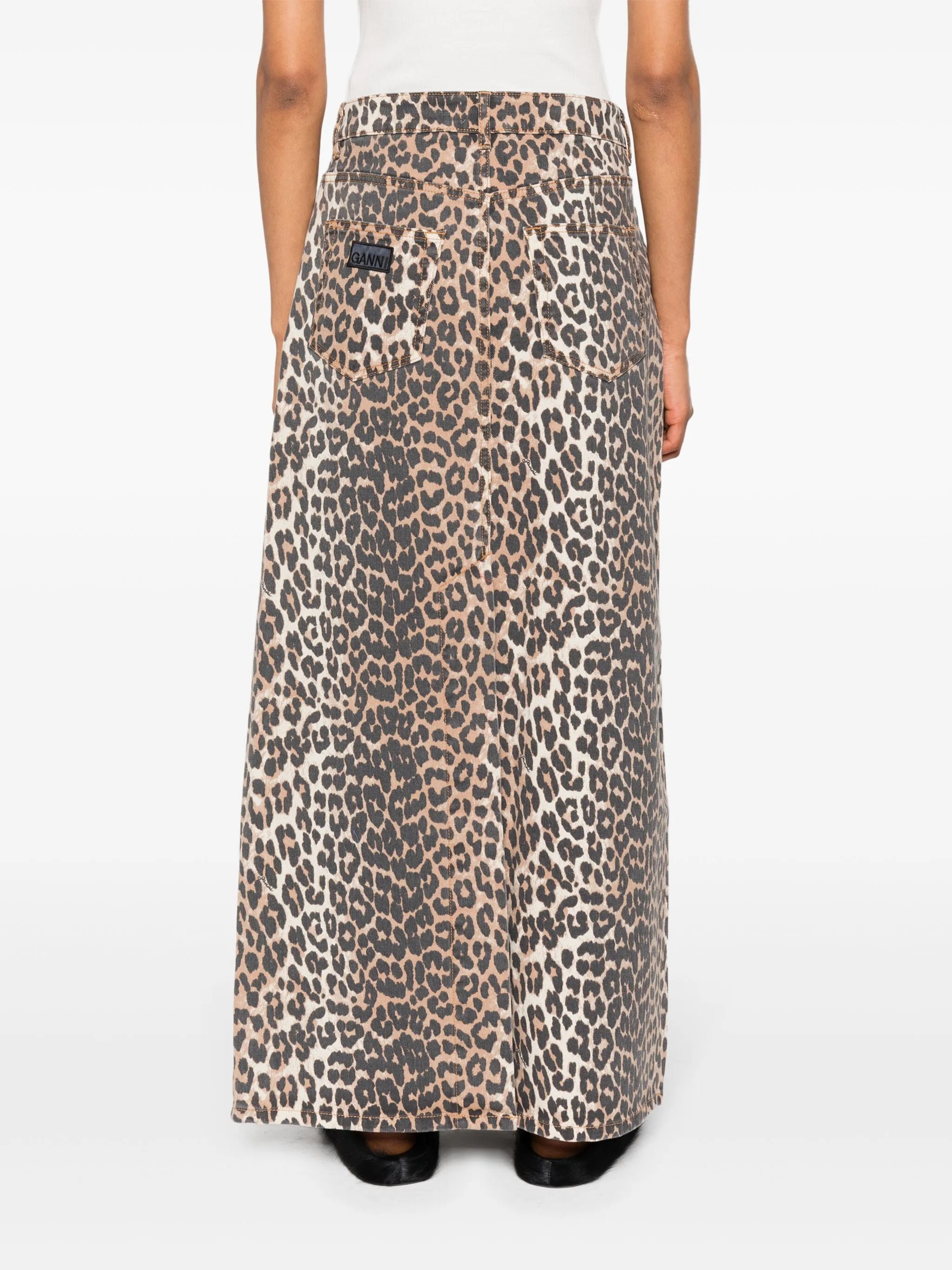 high-waisted leopard-print denim midi skirt
