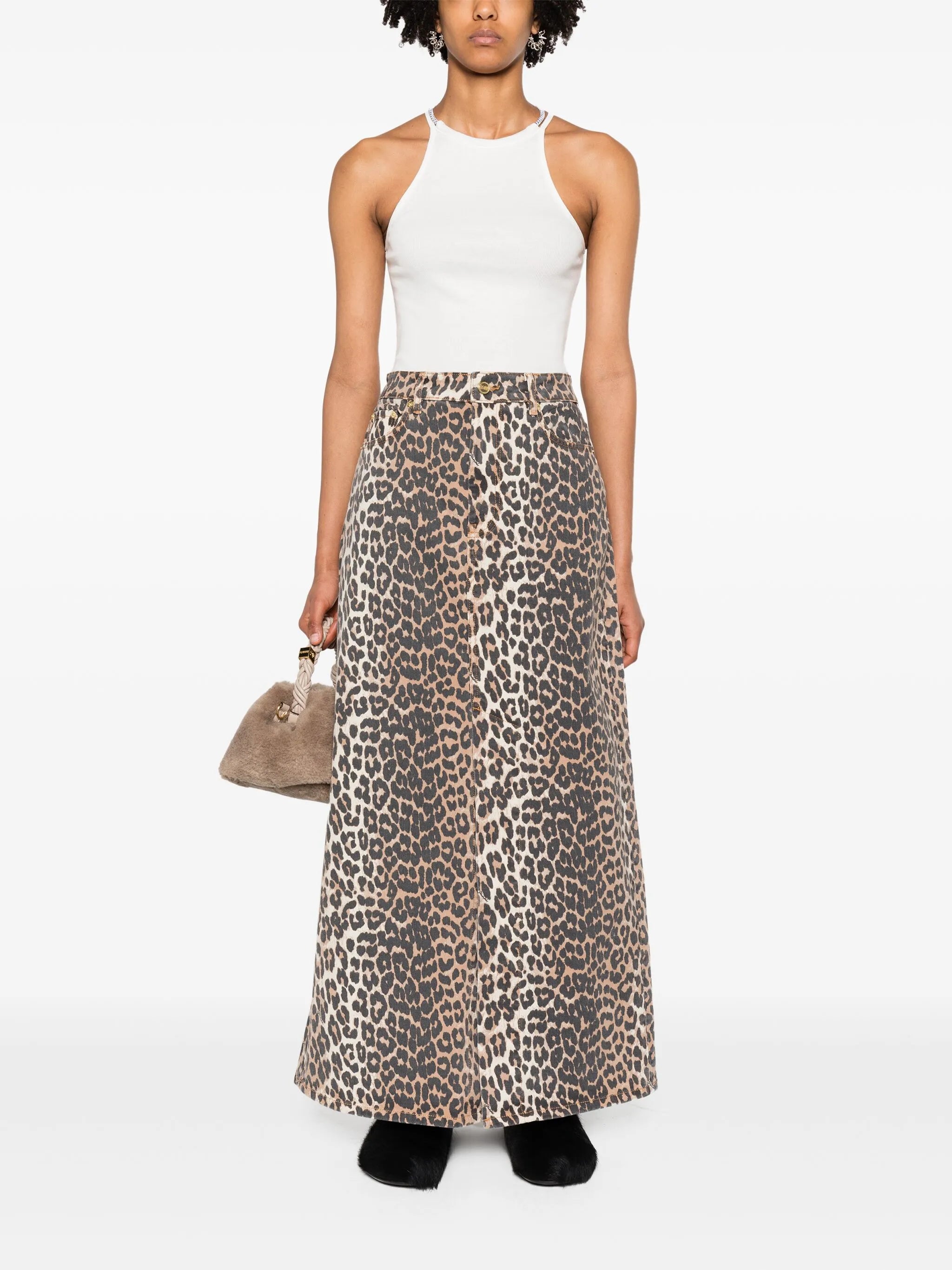 high-waisted leopard-print denim midi skirt