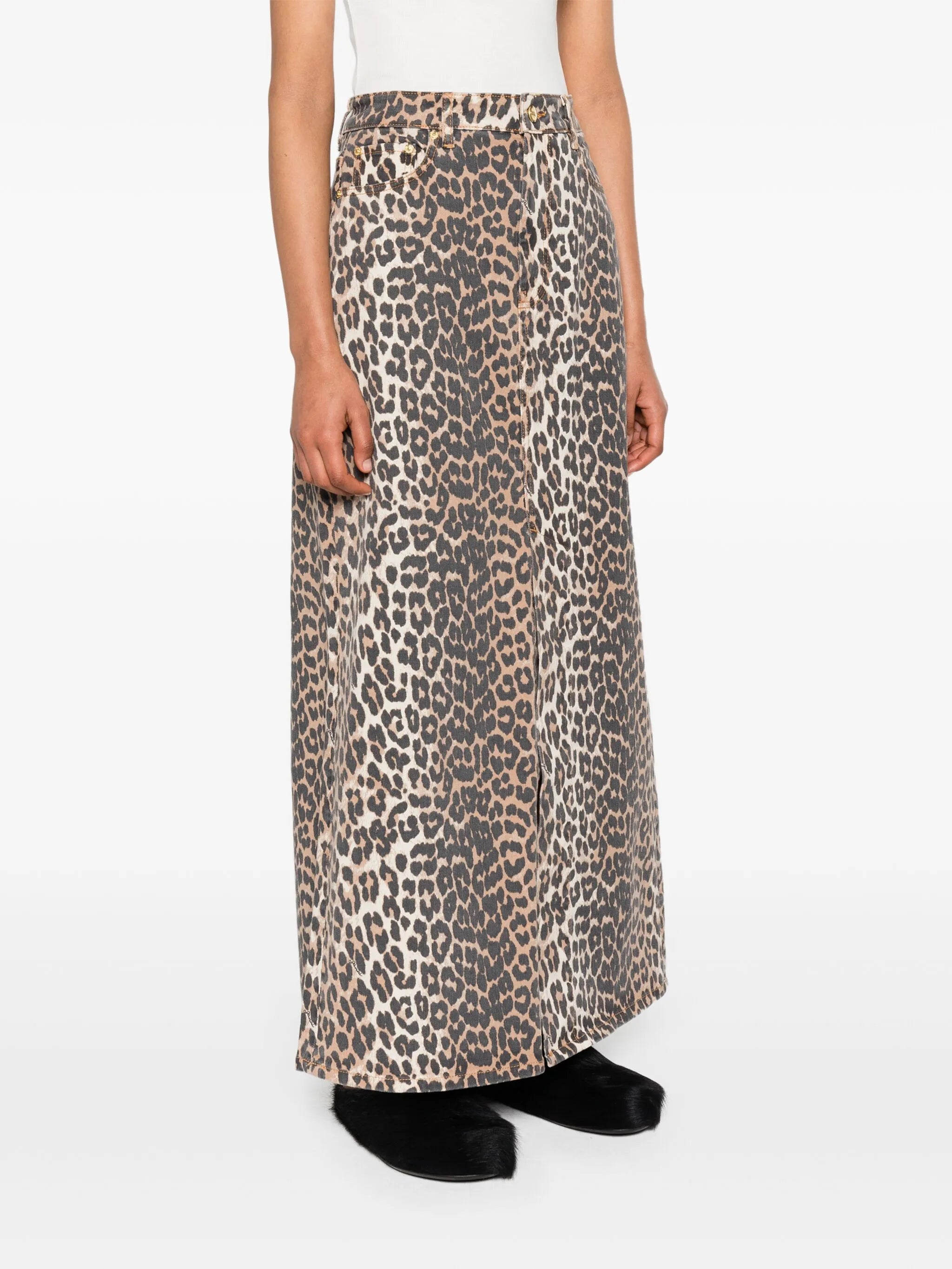 high-waisted leopard-print denim midi skirt