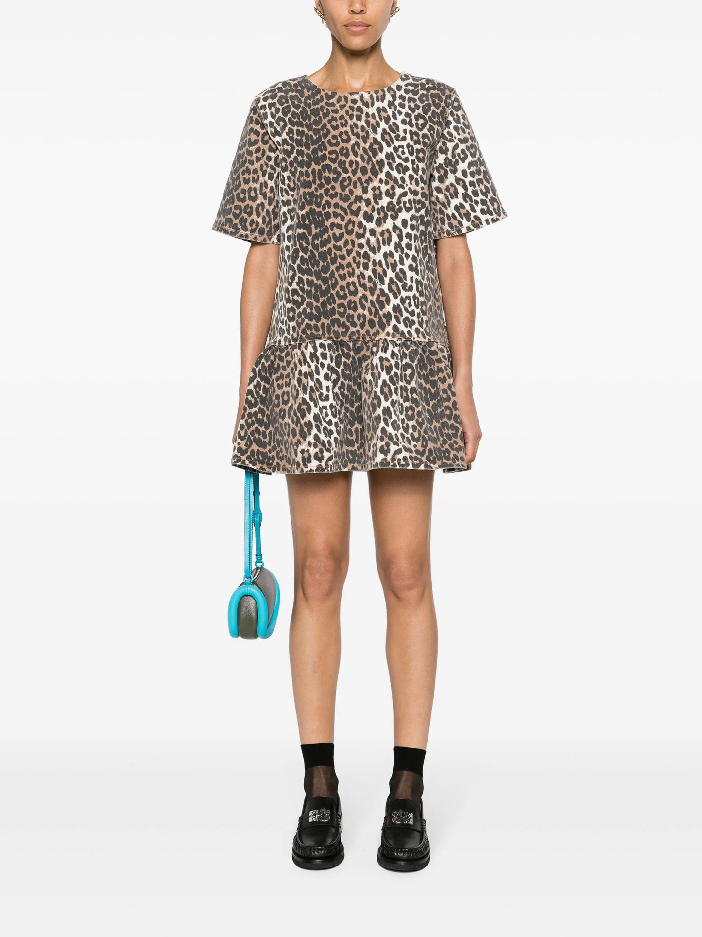 leopard-print denim minidress