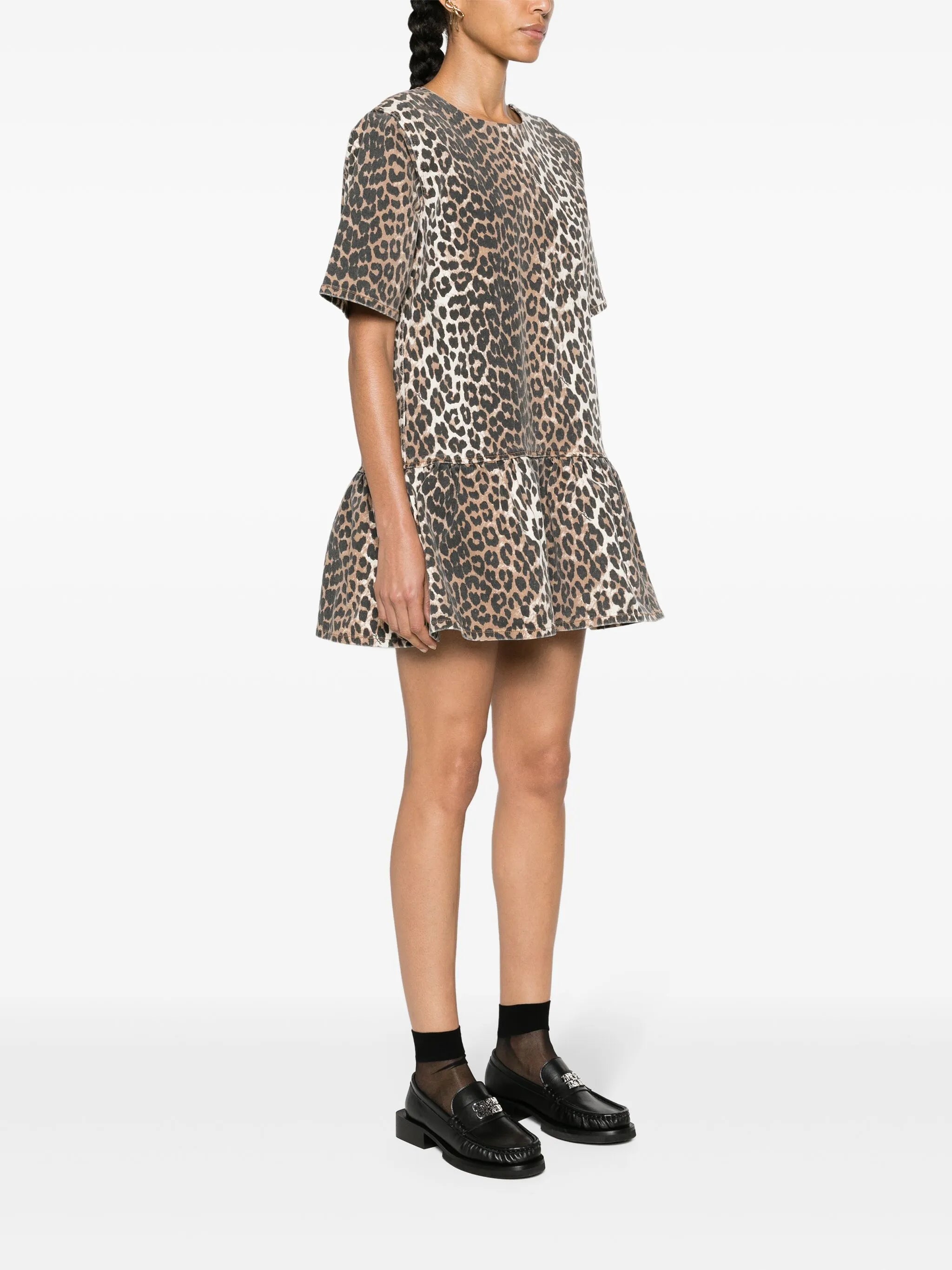 leopard-print denim minidress