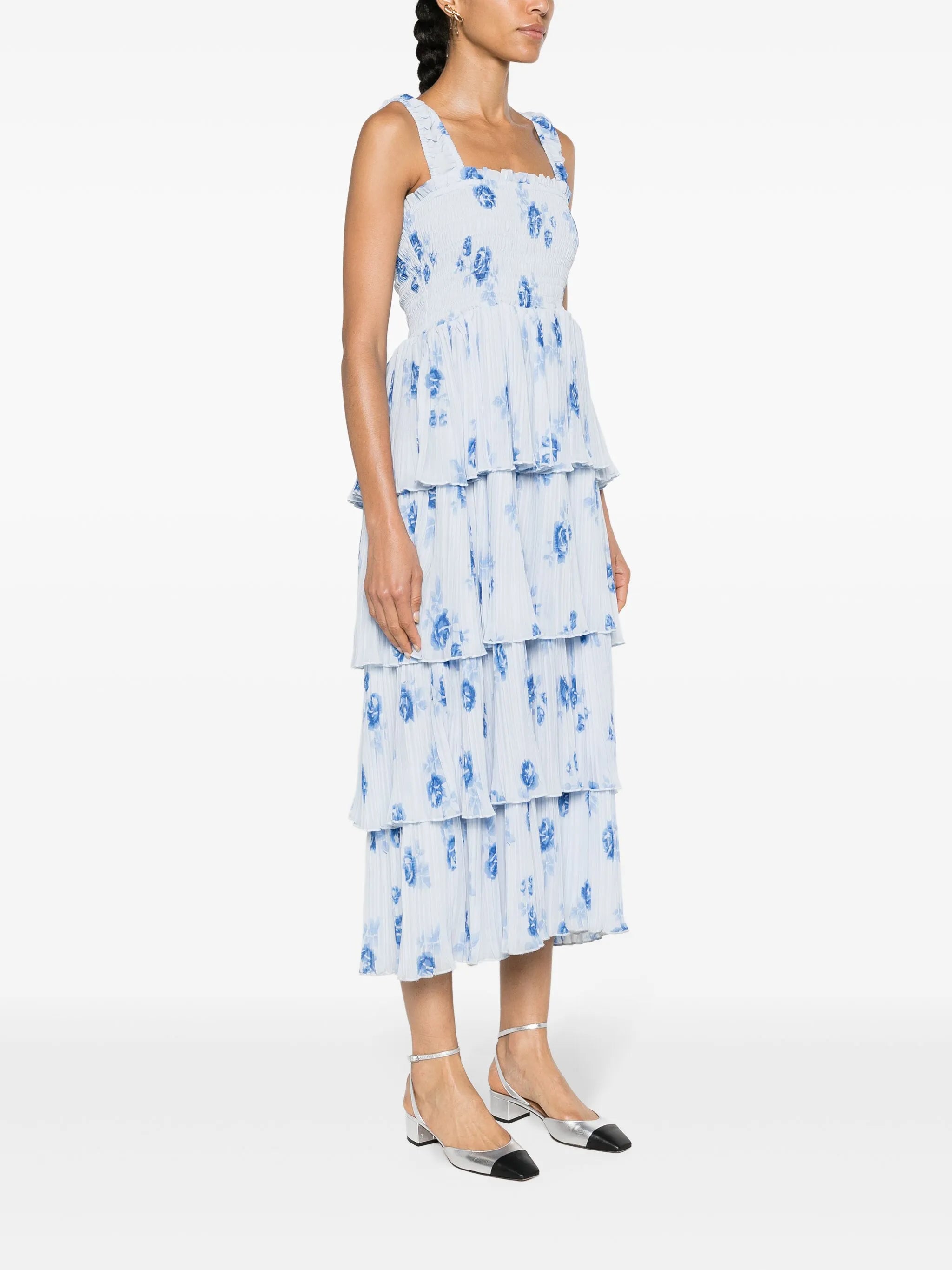 floral-print plissé midi dress