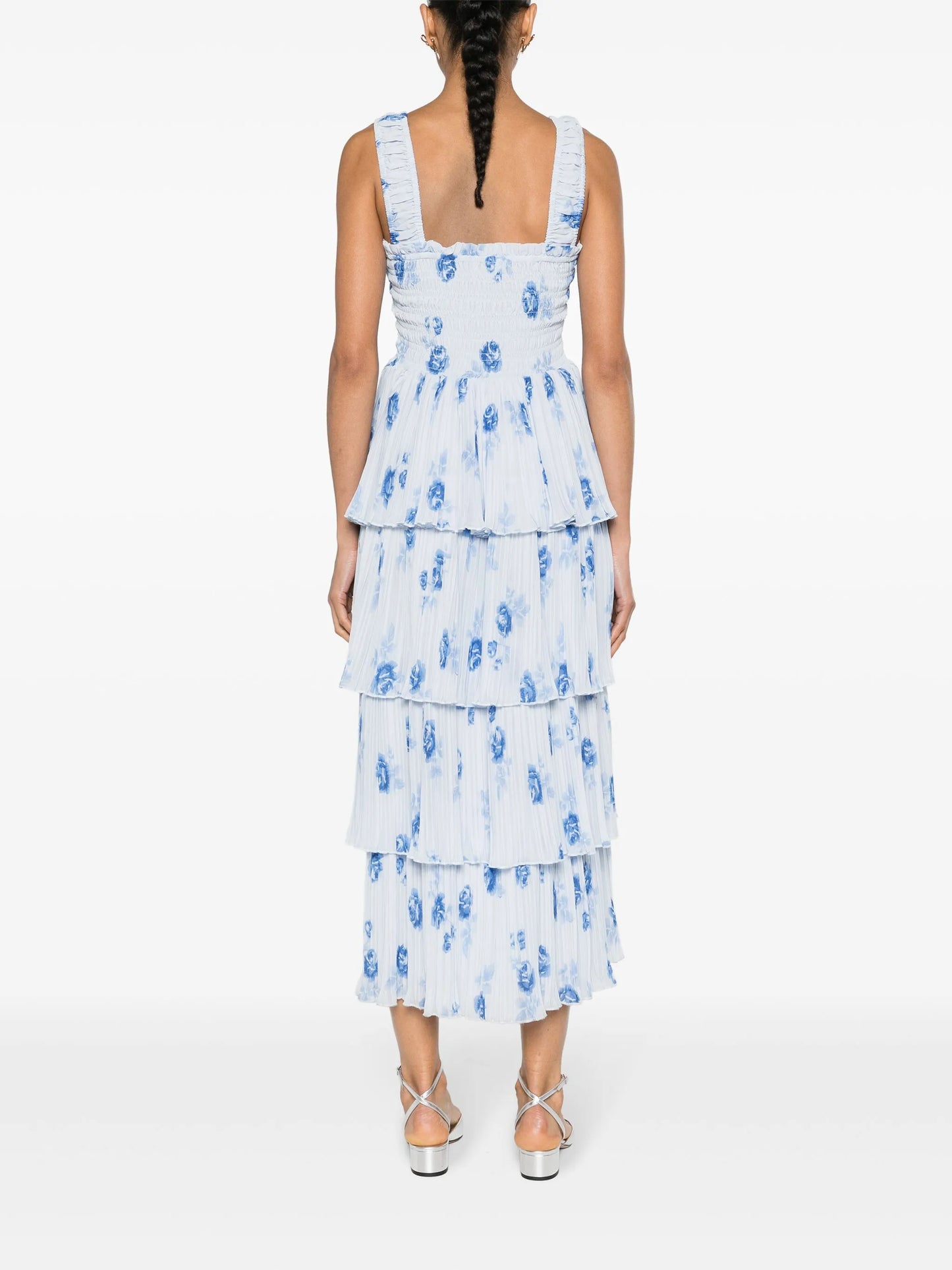 floral-print plissé midi dress