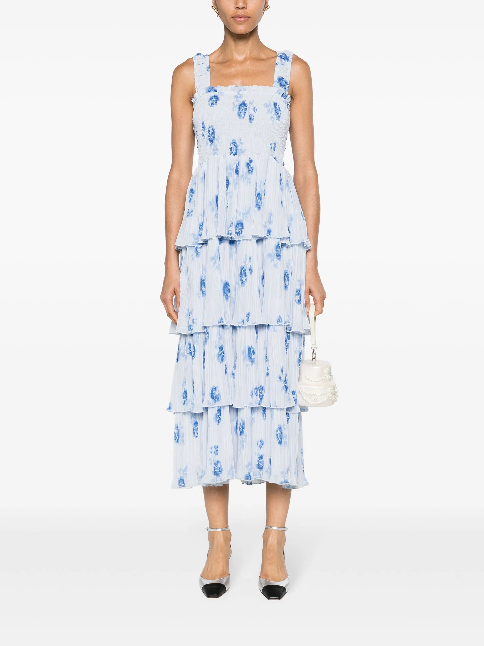 floral-print plissé midi dress