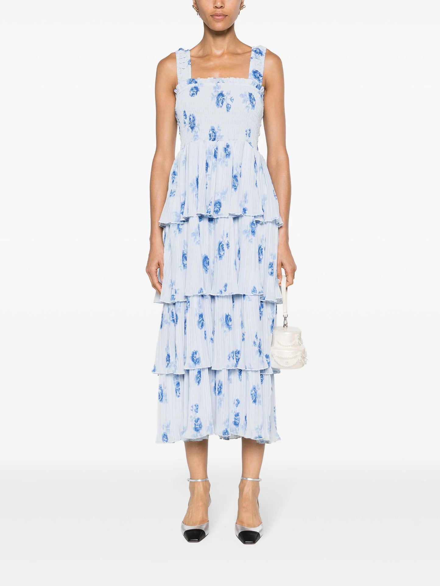 floral-print plissé midi dress