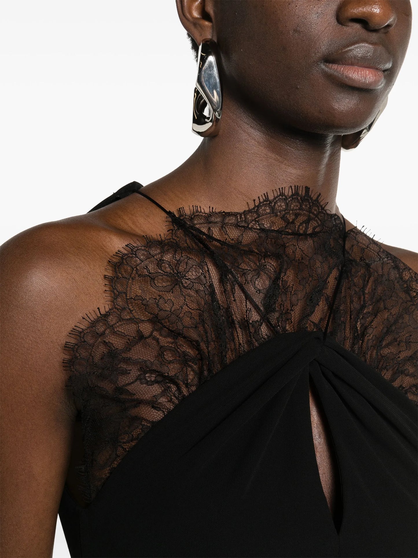 lace-appliqué halterneck midi dress
