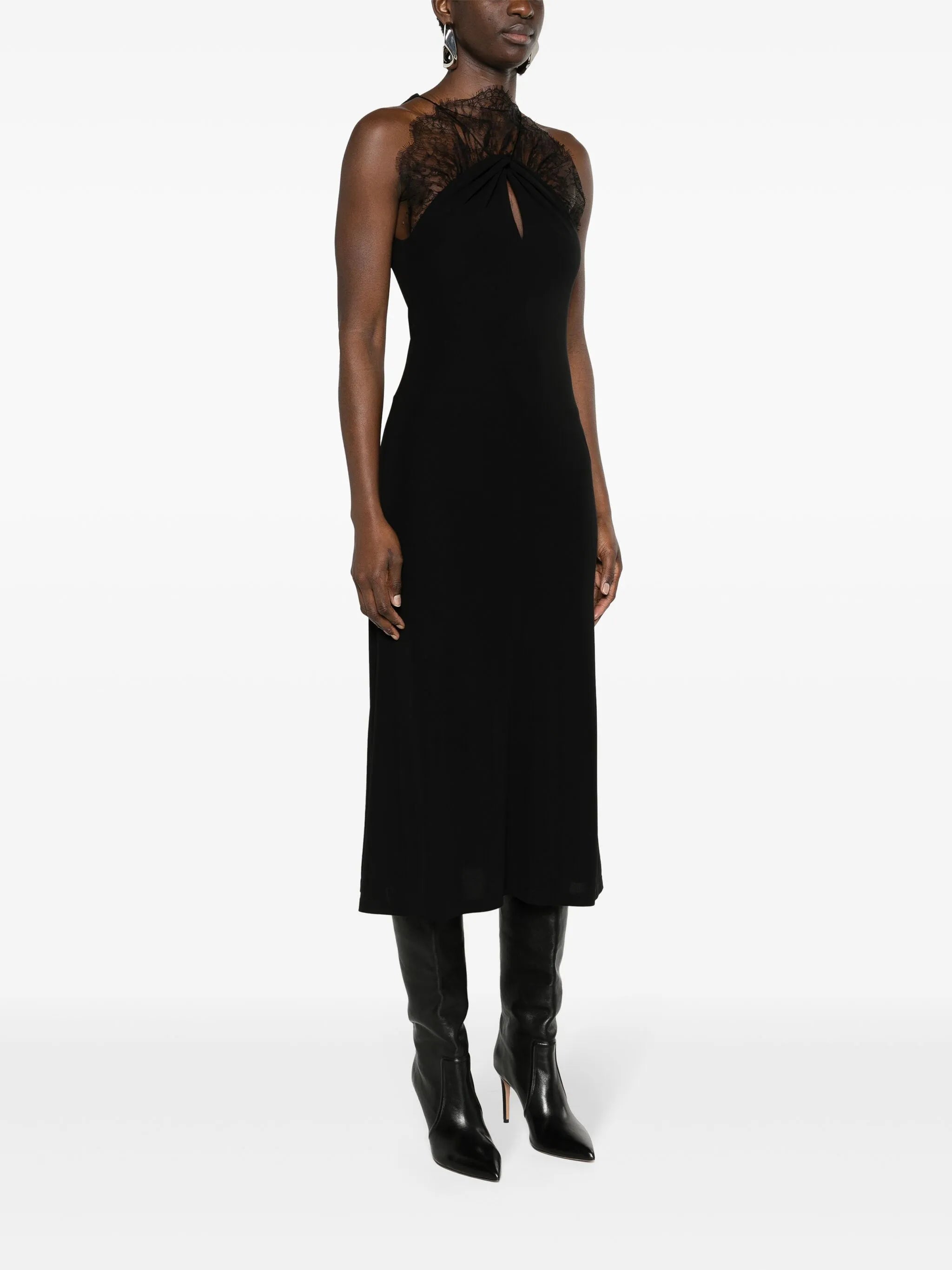 lace-appliqué halterneck midi dress