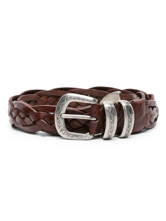 engraved-buckle braided leather belt