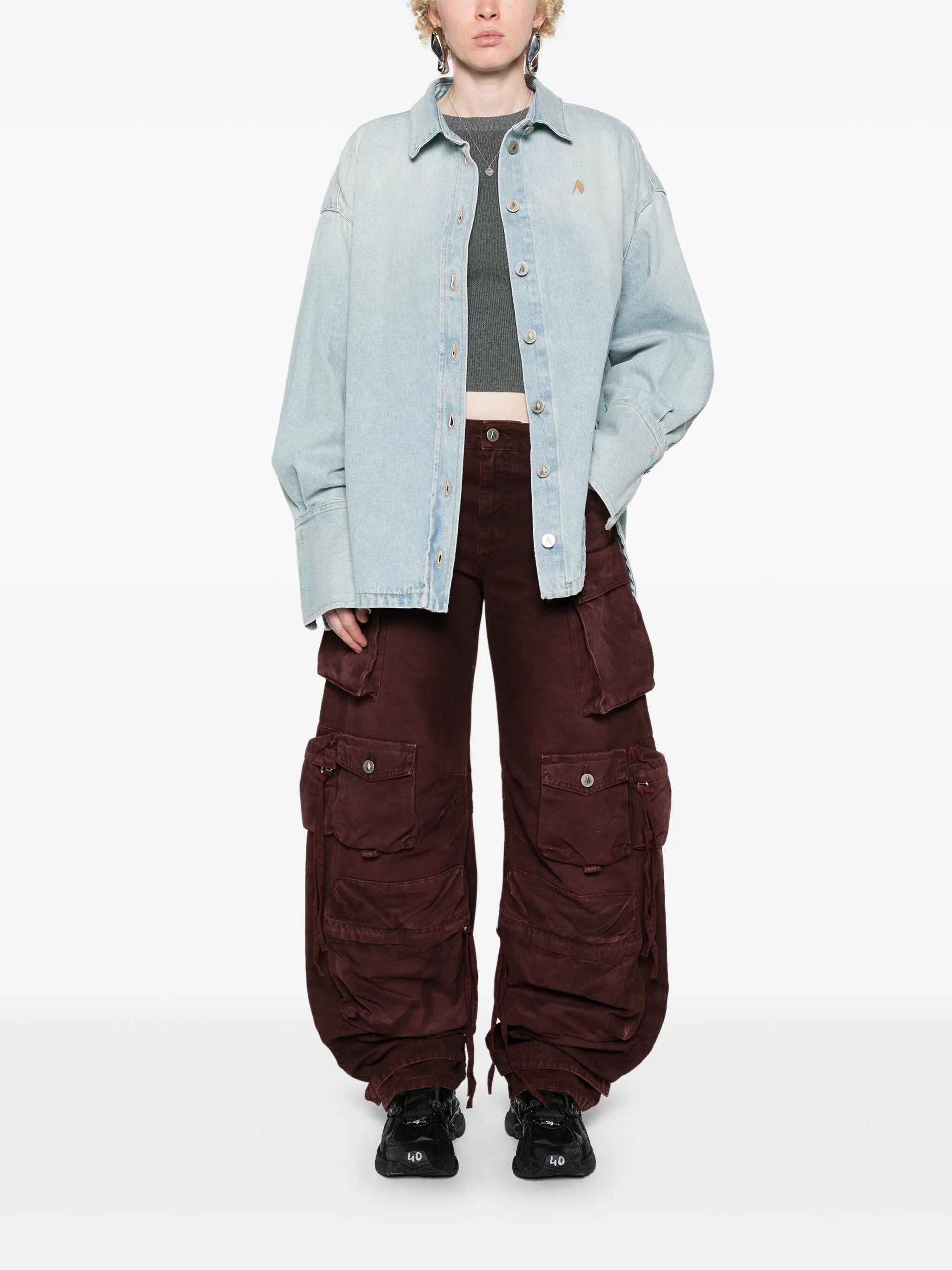 spread-collar denim coat