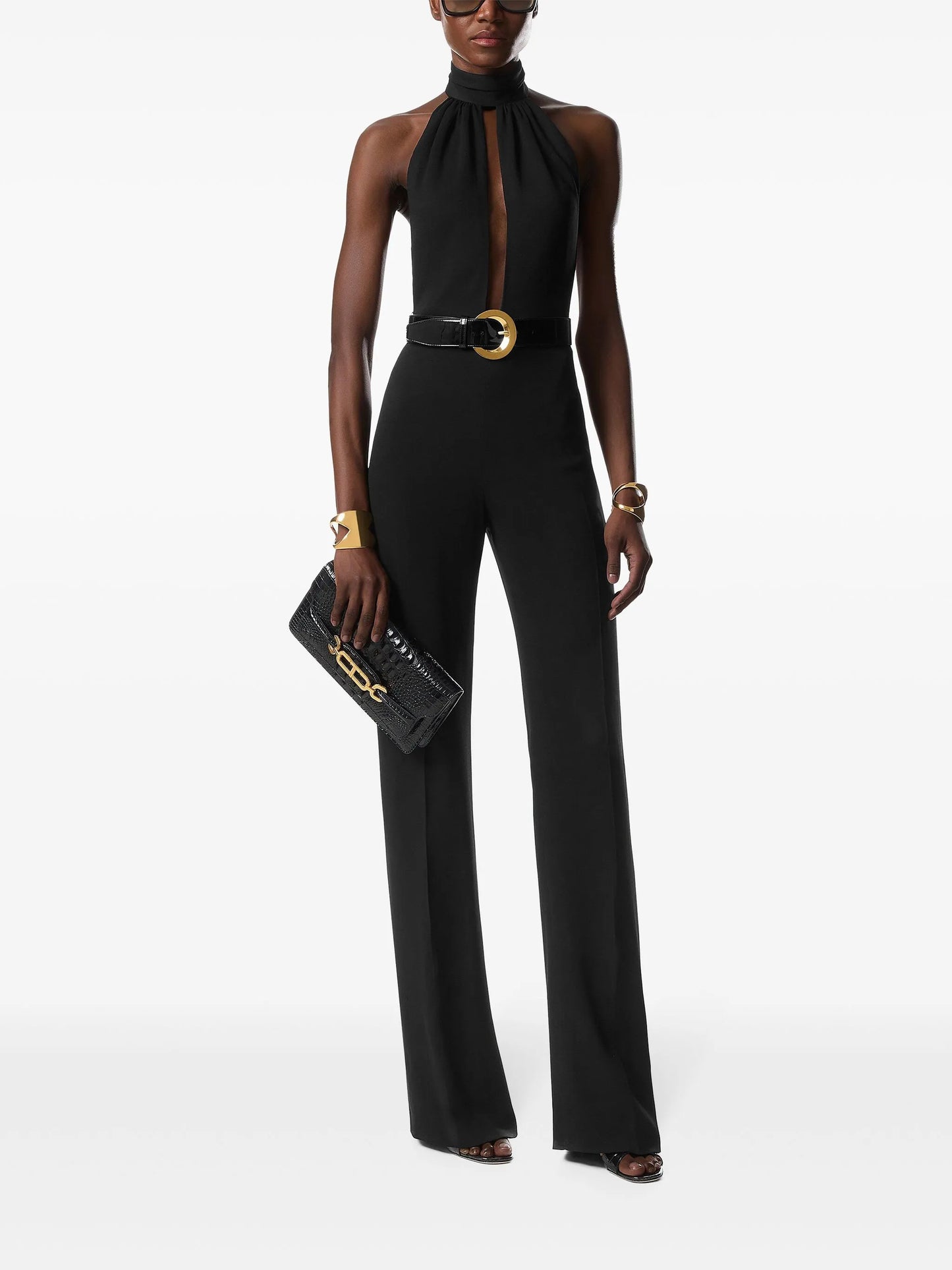 halterneck belted jumpsuit
